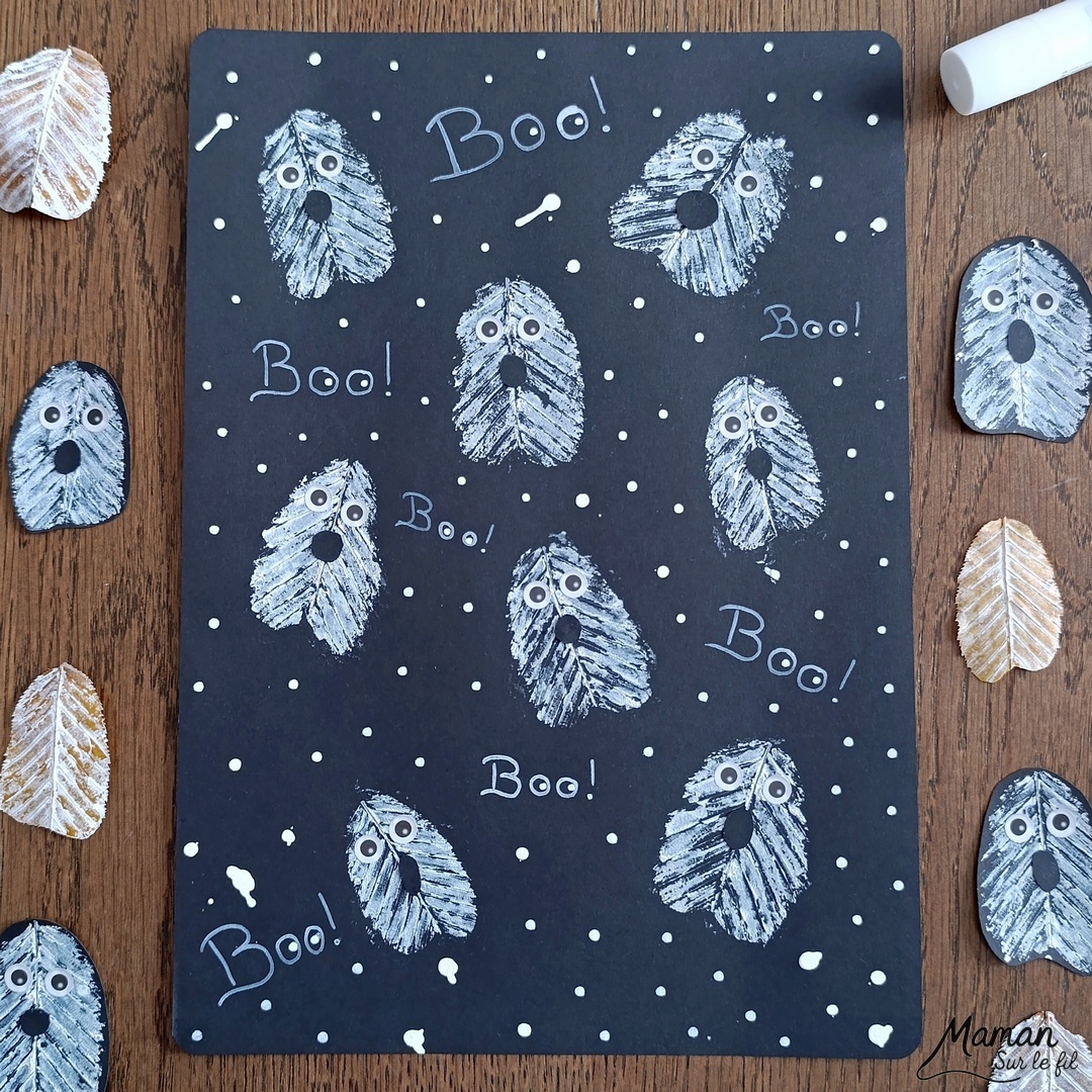 Peindre des fantômes en empreintes de feuilles : activité créative, peinture et manuelle enfants - Utilisation des feuilles mortes d'automne - Les peindre avec de la gouache en stick et utiliser les empreintes - Land art et nature - Gommettes Yeux et dessin - Bricolage et décoration DIY et facile - Bricolage Fait maison, décoration - Thème Halloween, nuit, peur, fantômes - Bricolage sympa et facile - Arts visuels Maternelle et cycle 2 - Maternelle et élémentaire - Créativité - Cycle 1 ou 2 - tutoriel photos et vidéo - mslf