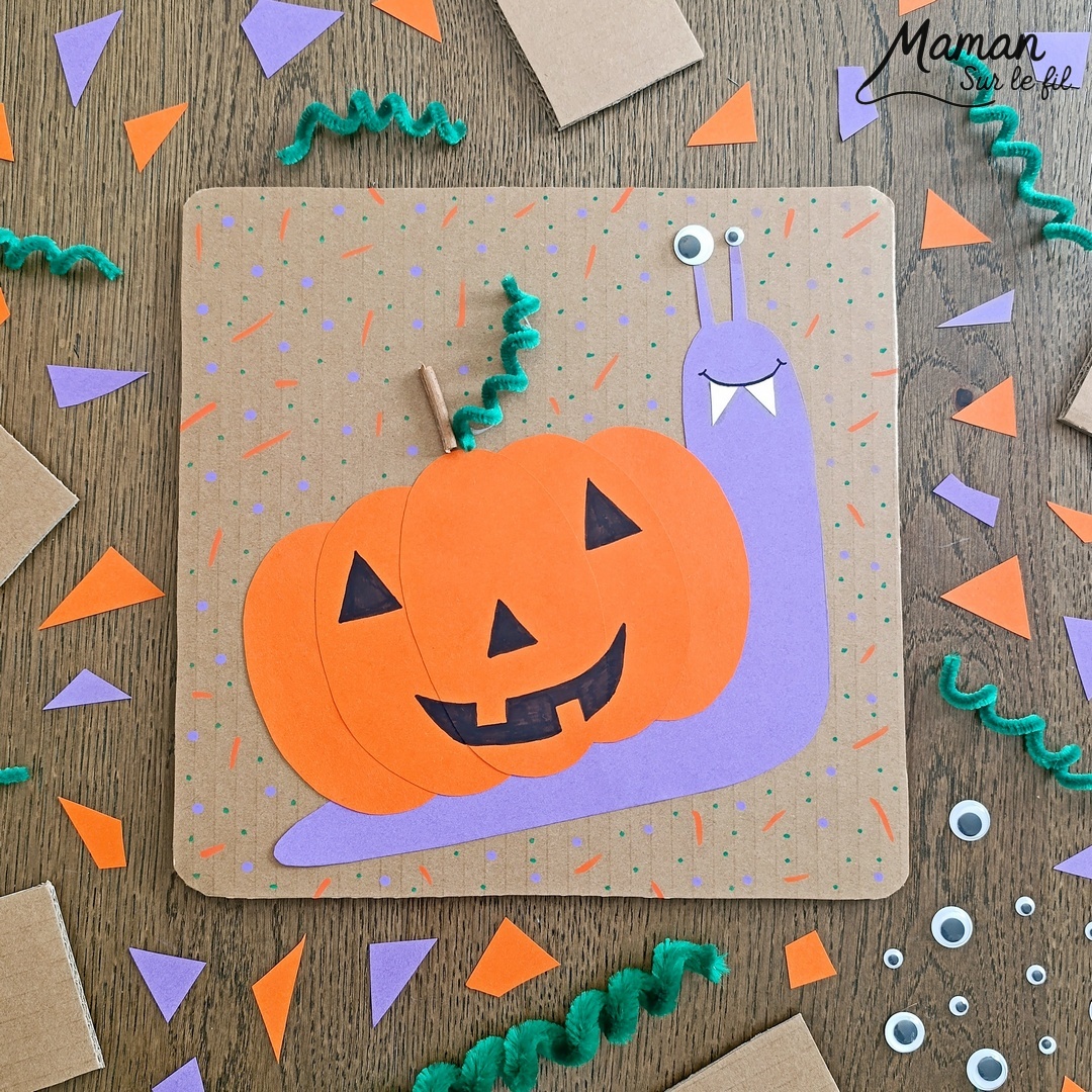 Créer un escargot Vampire et sa citrouille d'Halloween sur le dos : activité créative et manuelle enfants - Découpage, collage de papier - Yeux mobiles, Fil Chenille et branches - Personnage d'Halloween mignons - Citrouille et animaux de la forêt - Jeu DIY - Bricolage et décoration DIY et facile - Bricolage Fait maison, décoration - Thème Halloween, déguisement, automne, insectes et autres petites bêtes, animaux de la forêt - Bricolage sympa et facile - Arts visuels Maternelle et cycle 2 - Maternelle et élémentaire - Créativité - Cycle 1 ou 2 - tutoriel photos - mslf