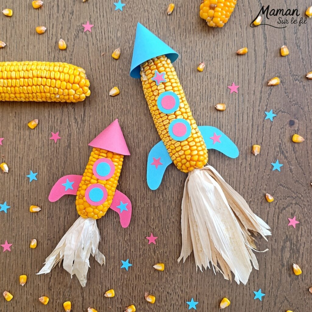 Fabriquer des fusées avec des épis de maïs : activité créative, nature et manuelle enfants - Land art - Découpage, collage de papier pour les détails - Géométrie, utilisation du compas - Bricolage et décoration DIY et facile - Bricolage Fait maison, décoration - Thème Nuit, Ciel, Espace, étoiles - Bricolage sympa et facile - Arts visuels Maternelle et cycle 2 - Maternelle et élémentaire - Créativité - Cycle 1 ou 2 - tutoriel photos - mslf