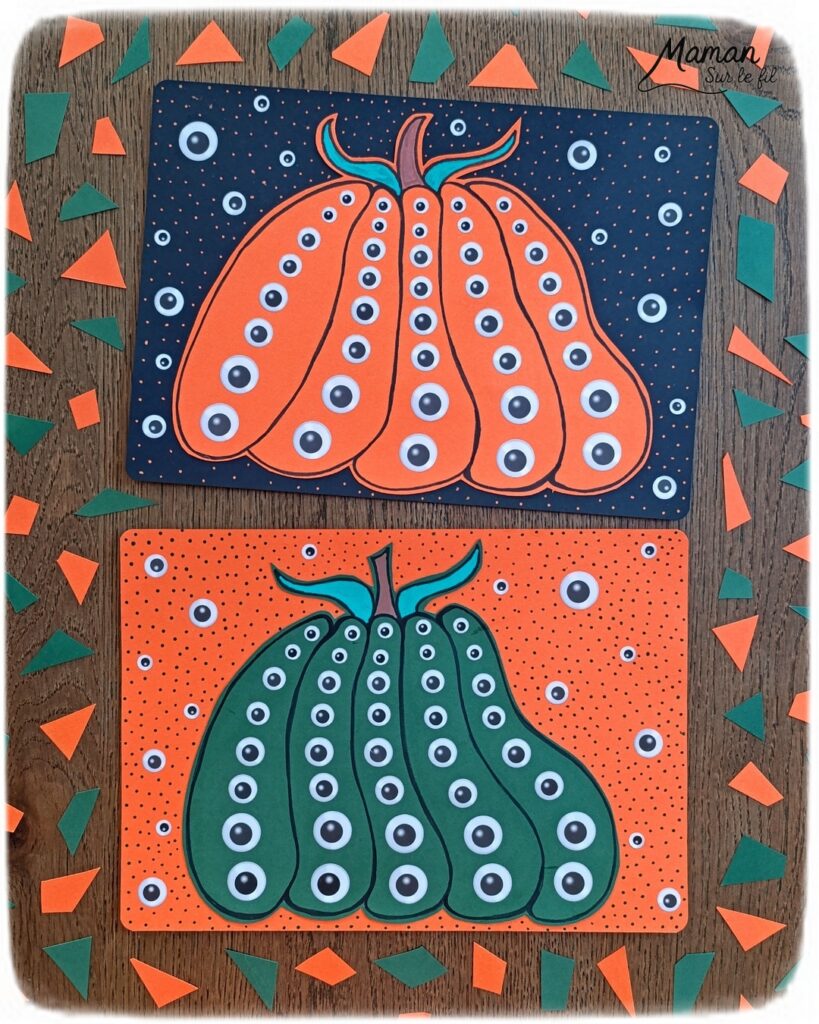 Créer des citrouilles effrayantes d'Halloween pleines d'yeux : activité créative et manuelle enfants - Dessin, et découpage de la citrouille - Collage de gommettes Yeux de différentes tailles - Classement du plus grand au plus petit - Collage - Bricolage et décoration DIY et facile - Bricolage Fait maison, décoration - Thème Halloween, automne, fruits et légumes, peur, potager - Bricolage sympa et facile - Arts visuels Maternelle et cycle 2 - Maternelle et élémentaire - Créativité - Cycle 1 ou 2 - tutoriel photos - mslf