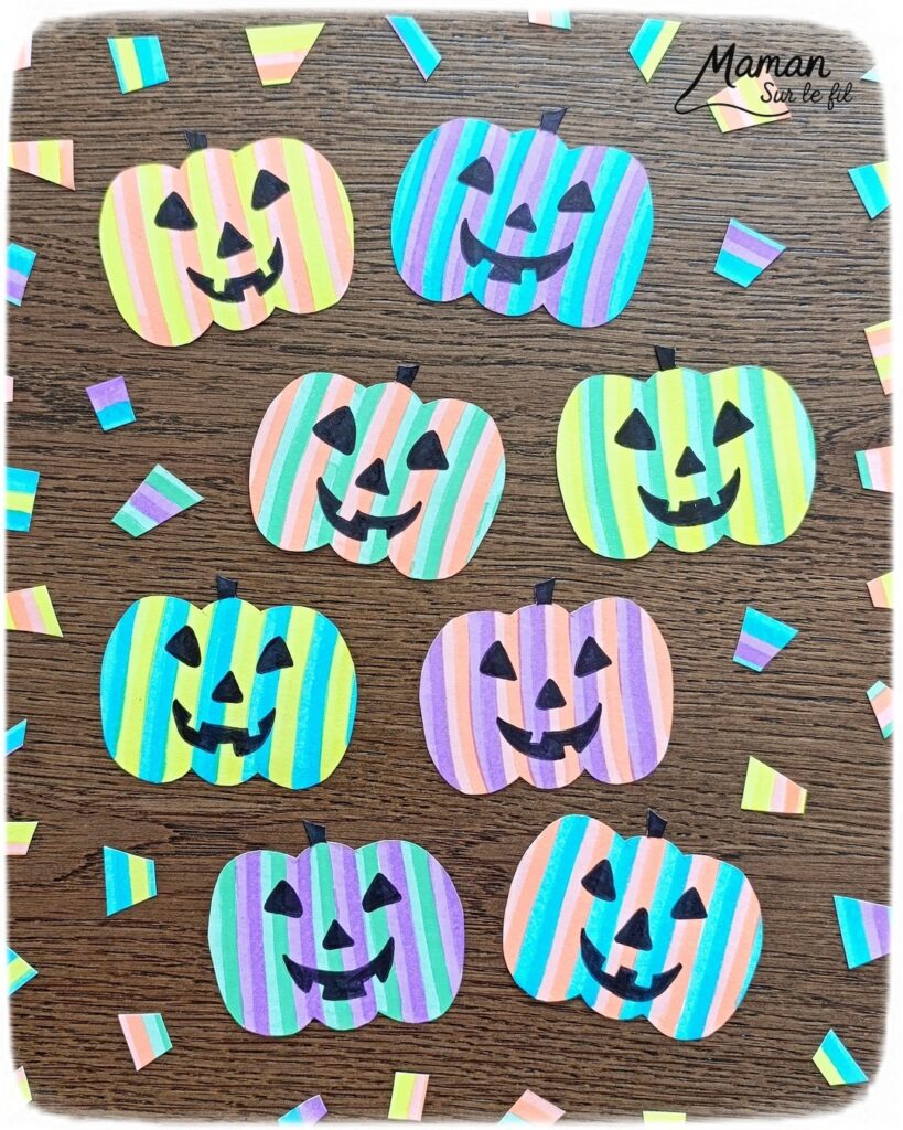 Créer des citrouilles d'Halloween fluos, colorées et psychédéliques : activité créative et manuelle enfants - Découpage, coloriage - Tracé de lignes verticales avec des surligneurs - Dessin - Bricolage et décoration DIY et facile - Bricolage Fait maison, décoration - Thème Halloween, automne, fruits et légumes - Bricolage sympa et facile - Arts visuels Maternelle et cycle 2 - Maternelle et élémentaire - Créativité - Cycle 1 ou 2 - tutoriel photos - mslf