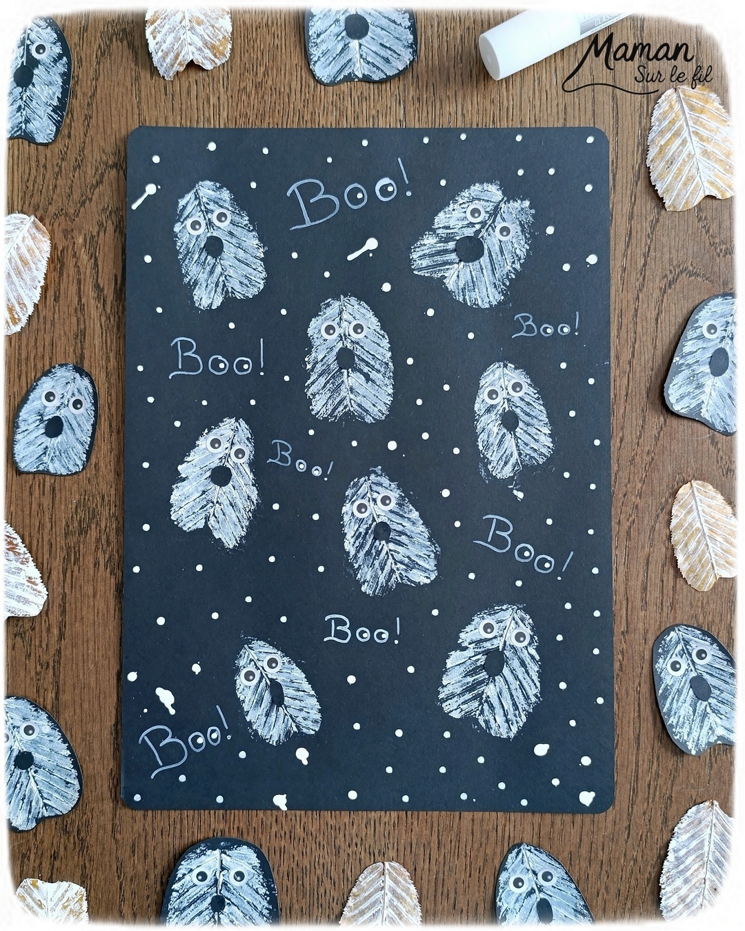 Peindre des fantômes en empreintes de feuilles : activité créative, peinture et manuelle enfants - Utilisation des feuilles mortes d'automne - Les peindre avec de la gouache en stick et utiliser les empreintes - Land art et nature - Gommettes Yeux et dessin - Bricolage et décoration DIY et facile - Bricolage Fait maison, décoration - Thème Halloween, nuit, peur, fantômes - Bricolage sympa et facile - Arts visuels Maternelle et cycle 2 - Maternelle et élémentaire - Créativité - Cycle 1 ou 2 - tutoriel photos et vidéo - mslf