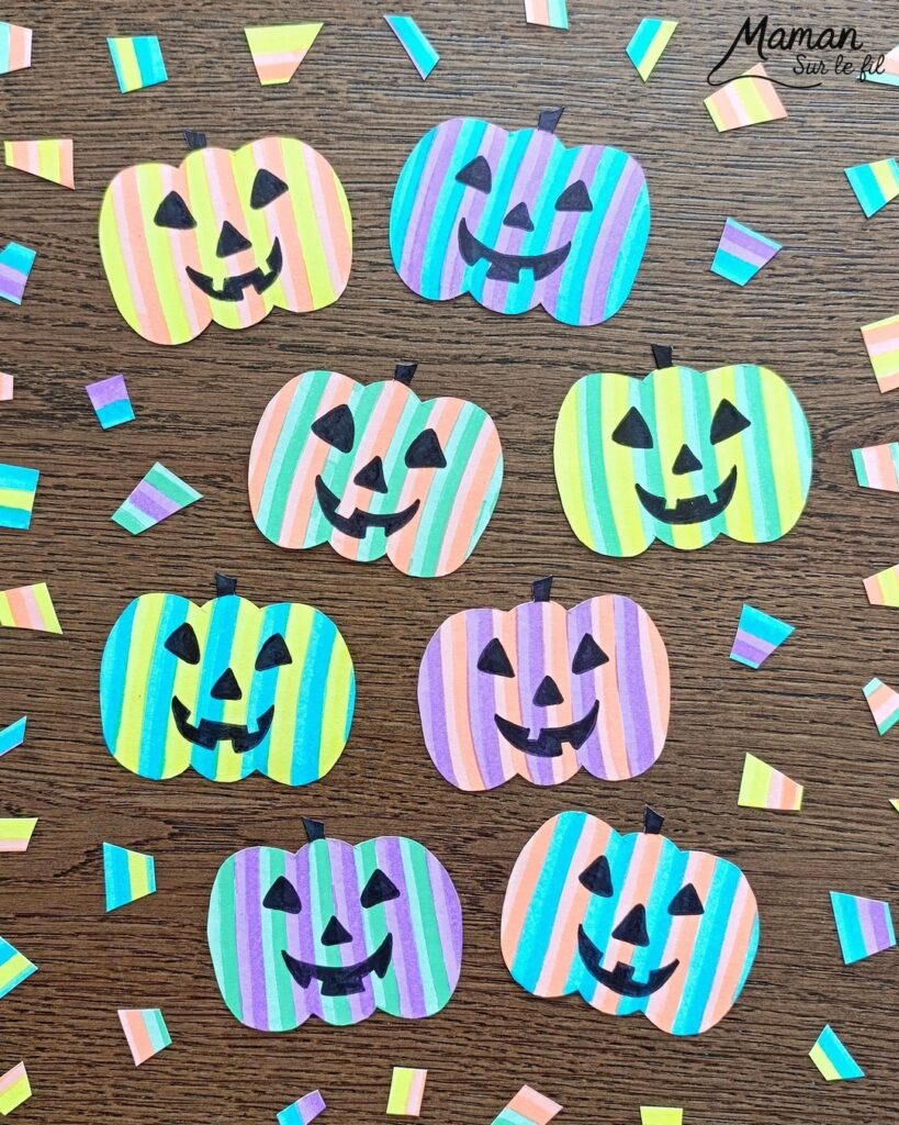 Créer des citrouilles d'Halloween fluos, colorées et psychédéliques : activité créative et manuelle enfants - Découpage, coloriage - Tracé de lignes verticales avec des surligneurs - Dessin - Bricolage et décoration DIY et facile - Bricolage Fait maison, décoration - Thème Halloween, automne, fruits et légumes - Bricolage sympa et facile - Arts visuels Maternelle et cycle 2 - Maternelle et élémentaire - Créativité - Cycle 1 ou 2 - tutoriel photos - mslf