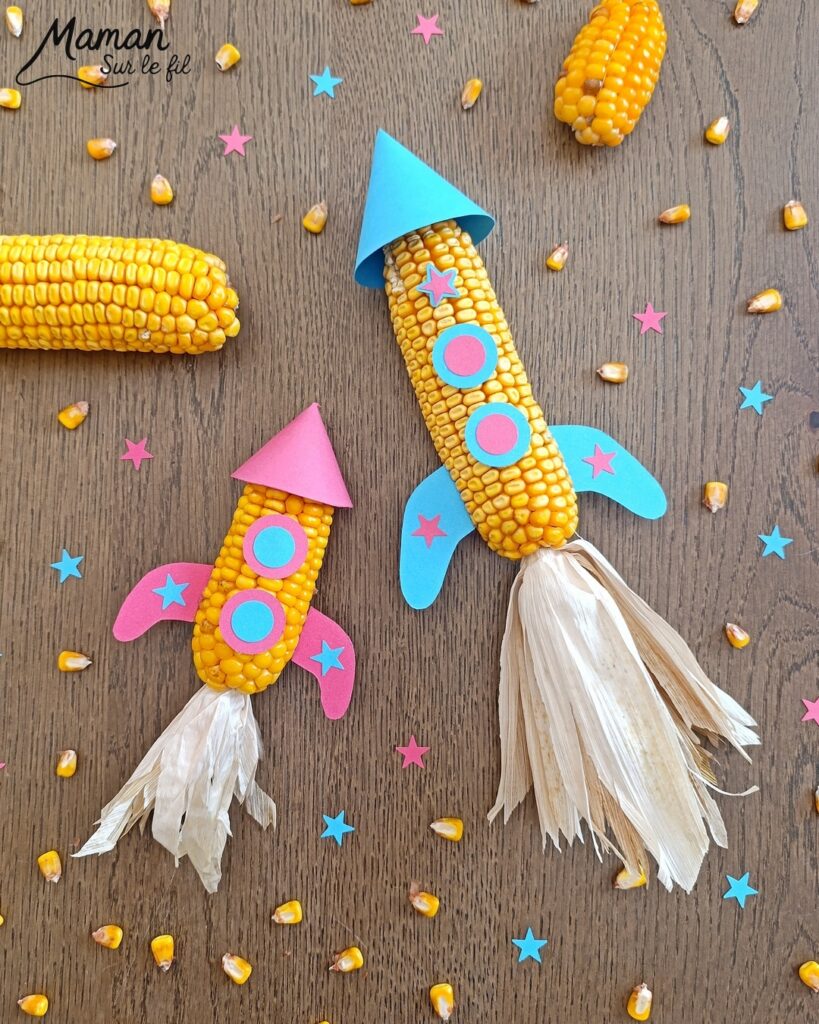 Fabriquer des fusées avec des épis de maïs : activité créative, nature et manuelle enfants - Land art - Découpage, collage de papier pour les détails - Géométrie, utilisation du compas - Bricolage et décoration DIY et facile - Bricolage Fait maison, décoration - Thème Nuit, Ciel, Espace, étoiles - Bricolage sympa et facile - Arts visuels Maternelle et cycle 2 - Maternelle et élémentaire - Créativité - Cycle 1 ou 2 - tutoriel photos - mslf