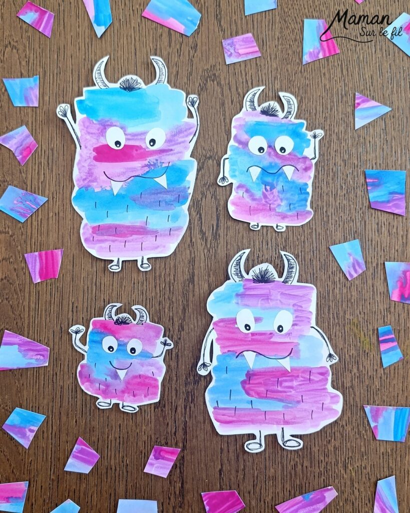 Peindre une famille de petits monstres mignons et colorés : activité créative, peinture et manuelle enfants - Peinture façon aquarelle - Bandes gribouillées - Couleurs bleu, rose et violet - Dessin des détails en noir pour le contraste - Découpage et collage des yeux et dents pour un air rigolo - Bricolage et décoration DIY et facile - Bricolage Fait maison, décoration - Thème Halloween, créatures imaginaires, monstres - Bricolage sympa et facile - Arts visuels Maternelle et cycle 2 - Maternelle et élémentaire - Créativité - Cycle 1 ou 2 - tutoriel photos - mslf