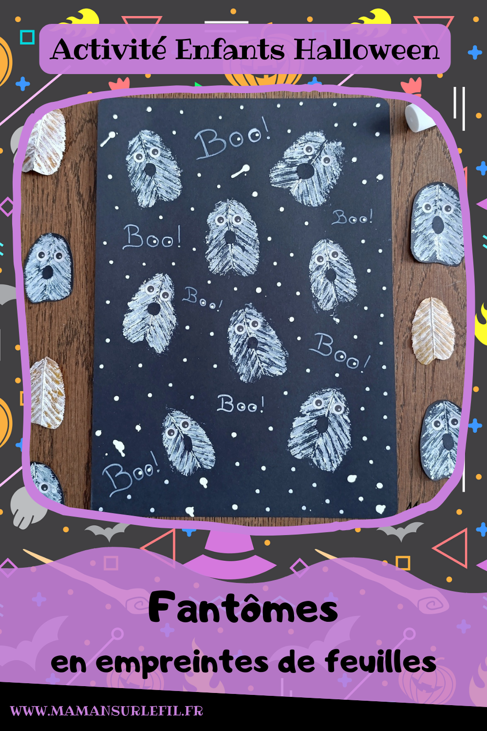 Peindre des fantômes en empreintes de feuilles : activité créative, peinture et manuelle enfants - Utilisation des feuilles mortes d'automne - Les peindre avec de la gouache en stick et utiliser les empreintes - Land art et nature - Gommettes Yeux et dessin - Bricolage et décoration DIY et facile - Bricolage Fait maison, décoration - Thème Halloween, nuit, peur, fantômes - Bricolage sympa et facile - Arts visuels Maternelle et cycle 2 - Maternelle et élémentaire - Créativité - Cycle 1 ou 2 - tutoriel photos et vidéo - mslf