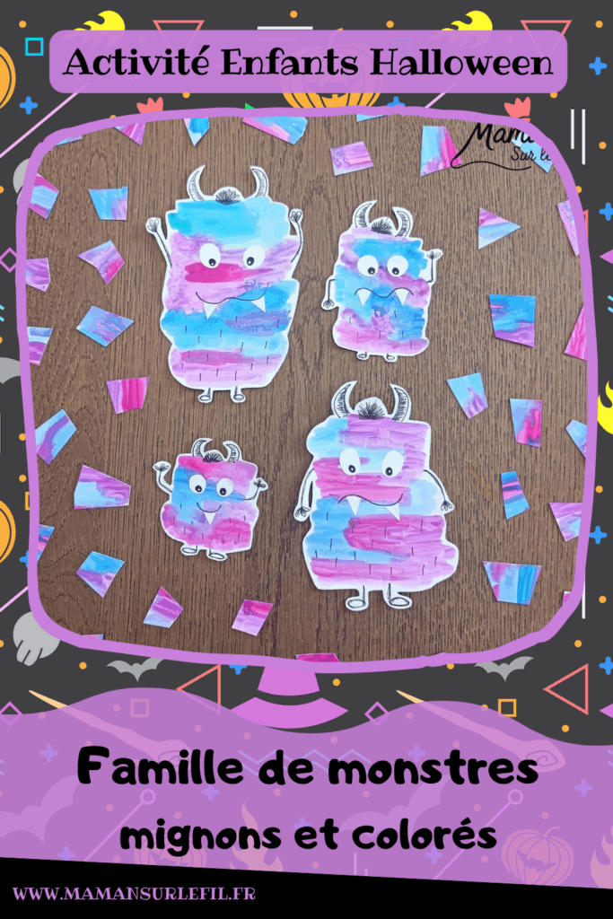 Peindre une famille de petits monstres mignons et colorés : activité créative, peinture et manuelle enfants - Peinture façon aquarelle - Bandes gribouillées - Couleurs bleu, rose et violet - Dessin des détails en noir pour le contraste - Découpage et collage des yeux et dents pour un air rigolo - Bricolage et décoration DIY et facile - Bricolage Fait maison, décoration - Thème Halloween, créatures imaginaires, monstres - Bricolage sympa et facile - Arts visuels Maternelle et cycle 2 - Maternelle et élémentaire - Créativité - Cycle 1 ou 2 - tutoriel photos - mslf