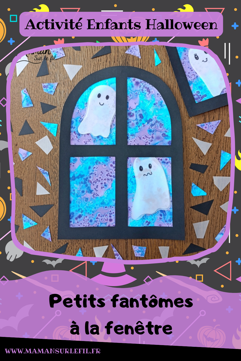 Imaginer des petits fantômes gentils à la fenêtre : activité créative et manuelle enfants - Fond de nuit avec la technique de l'encre et du gros sel - Couleurs bleu et violet - Encadrement de la fenêtre en noir pour le contraste - Fantômes en papier calque pour le côté vaporeux et transparent - Découpage, collage, dessin - Bricolage et décoration DIY et facile - Bricolage Fait maison, décoration - Thème Halloween, nuit, peur, fantômes - Bricolage sympa et facile - Arts visuels Maternelle et cycle 2 - Maternelle et élémentaire - Créativité - Cycle 1 ou 2 - tutoriel photos - mslf