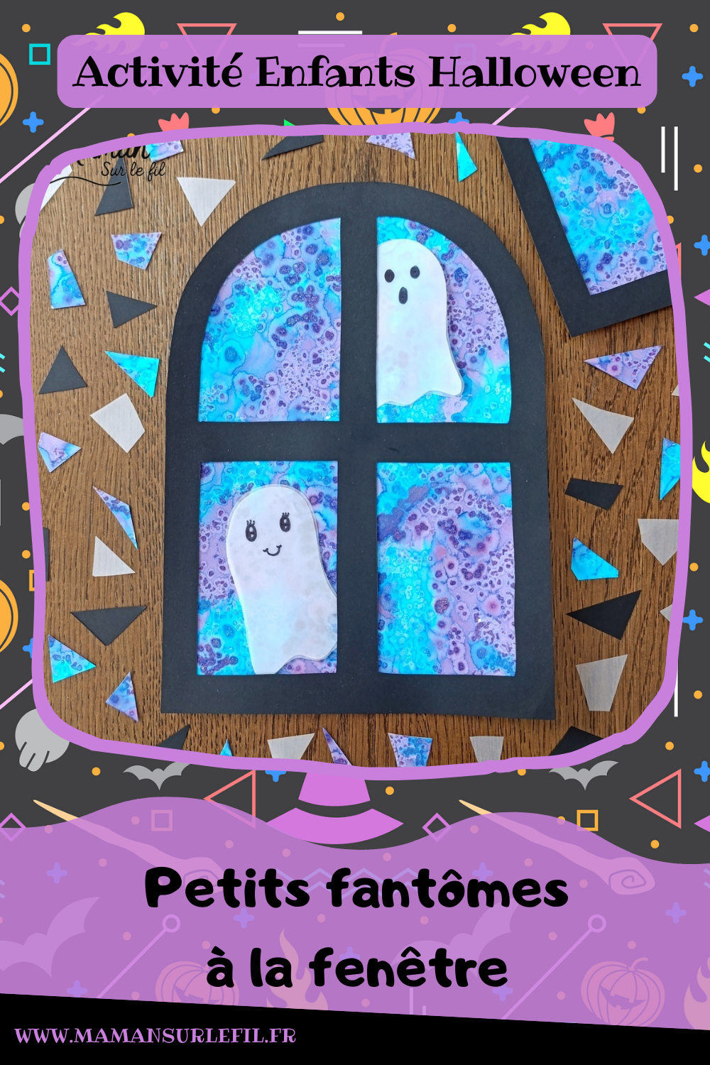 Imaginer des petits fantômes gentils à la fenêtre : activité créative et manuelle enfants - Fond de nuit avec la technique de l'encre et du gros sel - Couleurs bleu et violet - Encadrement de la fenêtre en noir pour le contraste - Fantômes en papier calque pour le côté vaporeux et transparent - Découpage, collage, dessin - Bricolage et décoration DIY et facile - Bricolage Fait maison, décoration - Thème Halloween, nuit, peur, fantômes - Bricolage sympa et facile - Arts visuels Maternelle et cycle 2 - Maternelle et élémentaire - Créativité - Cycle 1 ou 2 - tutoriel photos - mslf