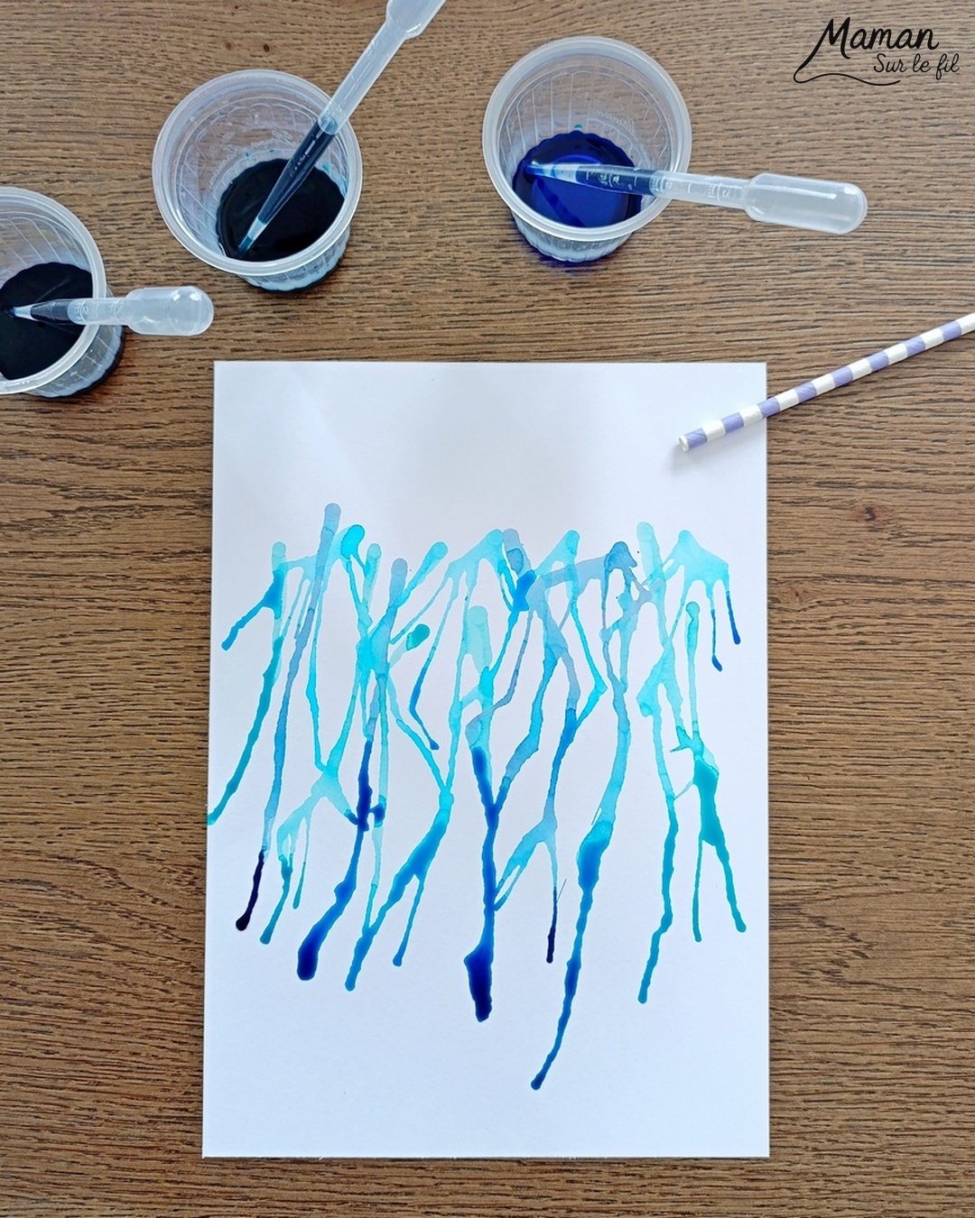 Créer un nuage mignon et sa pluie soufflée à la paille : activité créative, peinture et manuelle enfants - Pluie en encre soufflée à la paille - 3 nuances de bleu, gouttes posées à la pipette - Nuage Kawai en découpage et collage de papier - Perforatrice Ronds - Bricolage et décoration DIY et facile - Bricolage Fait maison, décoration - Thème Météo, Pluie, Nuage, Ciel, Automne - Bricolage sympa et facile - Arts visuels Maternelle et cycle 2 - Maternelle et élémentaire - Créativité - Cycle 1 ou 2 - tutoriel photos et vidéo - mslf