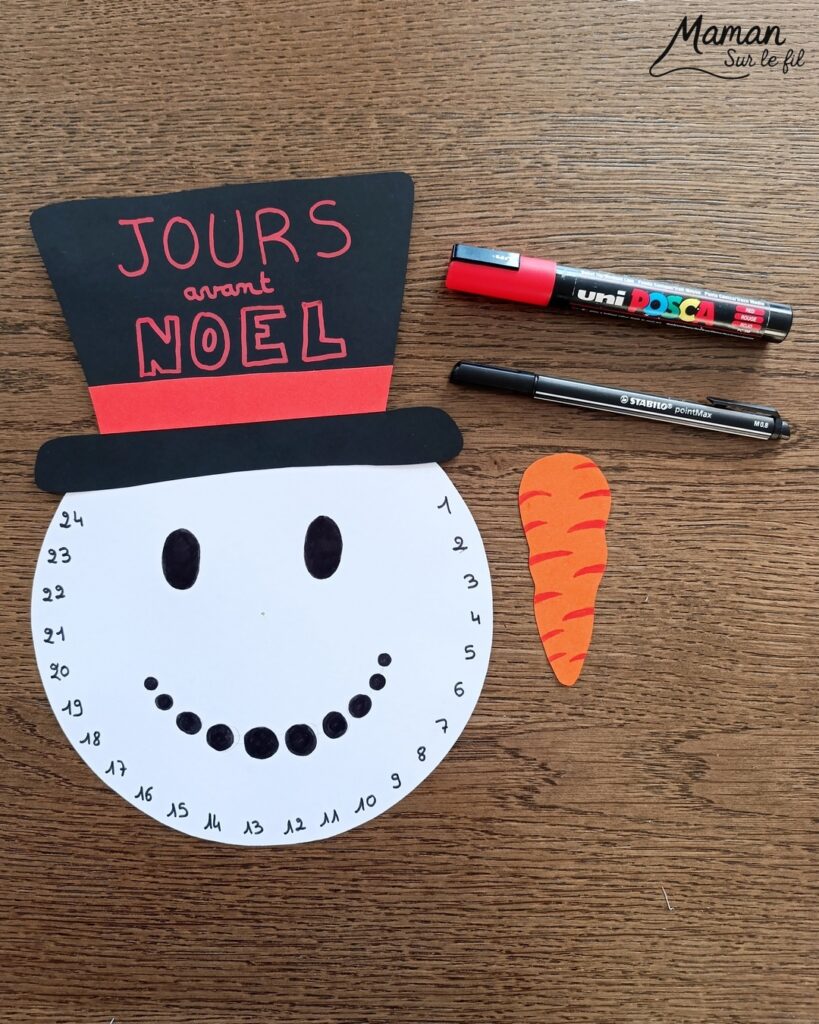 Fabriquer un décompte de l'Avent DIY - Bonhomme de neige : activité créative et manuelle enfants - Nez Carotte qui tourne et permet de décompter les jours pour patienter avant Noël - Calendrier, décompte de l'Avent, de Noël fait maison en papier - Version PDF à télécharger et imprimer gratuitement - Printable gratuit - Bricolage et décoration DIY - Bricolage Fait maison, décoration - Thème Hiver, froid, neige, Noël, Avent - Bricolage sympa et facile - Arts visuels Maternelle et cycle 2 - Maternelle et élémentaire - Créativité - Cycle 1 ou 2 - tutoriel photos et vidéo - mslf