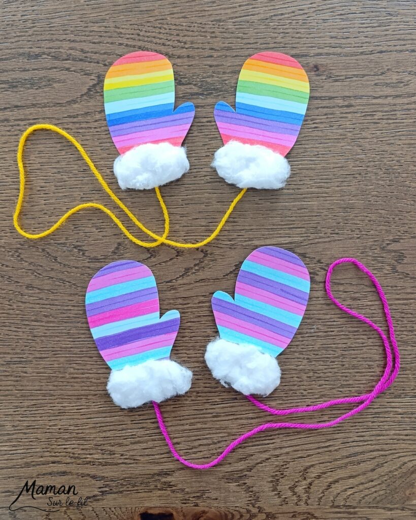Fabriquer des moufles rayées aux feutres et avec du coton : activité créative et manuelle enfants - Découpage, dessin, graphismes - Tracer des lignes horizontales avec feutres larges style surligneurs - Collage de coton et laine pour relier la paire de moufles - Couleurs Arc-en-ciel ou hivernales - Bricolage et décoration DIY et facile - Bricolage Fait maison, décoration - Thème hiver, froid, neige, montagne, vêtements - Bricolage sympa et facile - Arts visuels Maternelle et cycle 2 - Maternelle et élémentaire - Créativité - Cycle 1 ou 2 - tutoriel photos - mslf