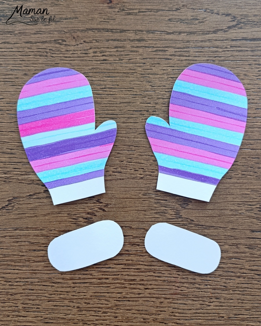 Fabriquer des moufles rayées aux feutres et avec du coton : activité créative et manuelle enfants - Découpage, dessin, graphismes - Tracer des lignes horizontales avec feutres larges style surligneurs - Collage de coton et laine pour relier la paire de moufles - Couleurs Arc-en-ciel ou hivernales - Bricolage et décoration DIY et facile - Bricolage Fait maison, décoration - Thème hiver, froid, neige, montagne, vêtements - Bricolage sympa et facile - Arts visuels Maternelle et cycle 2 - Maternelle et élémentaire - Créativité - Cycle 1 ou 2 - tutoriel photos - mslf