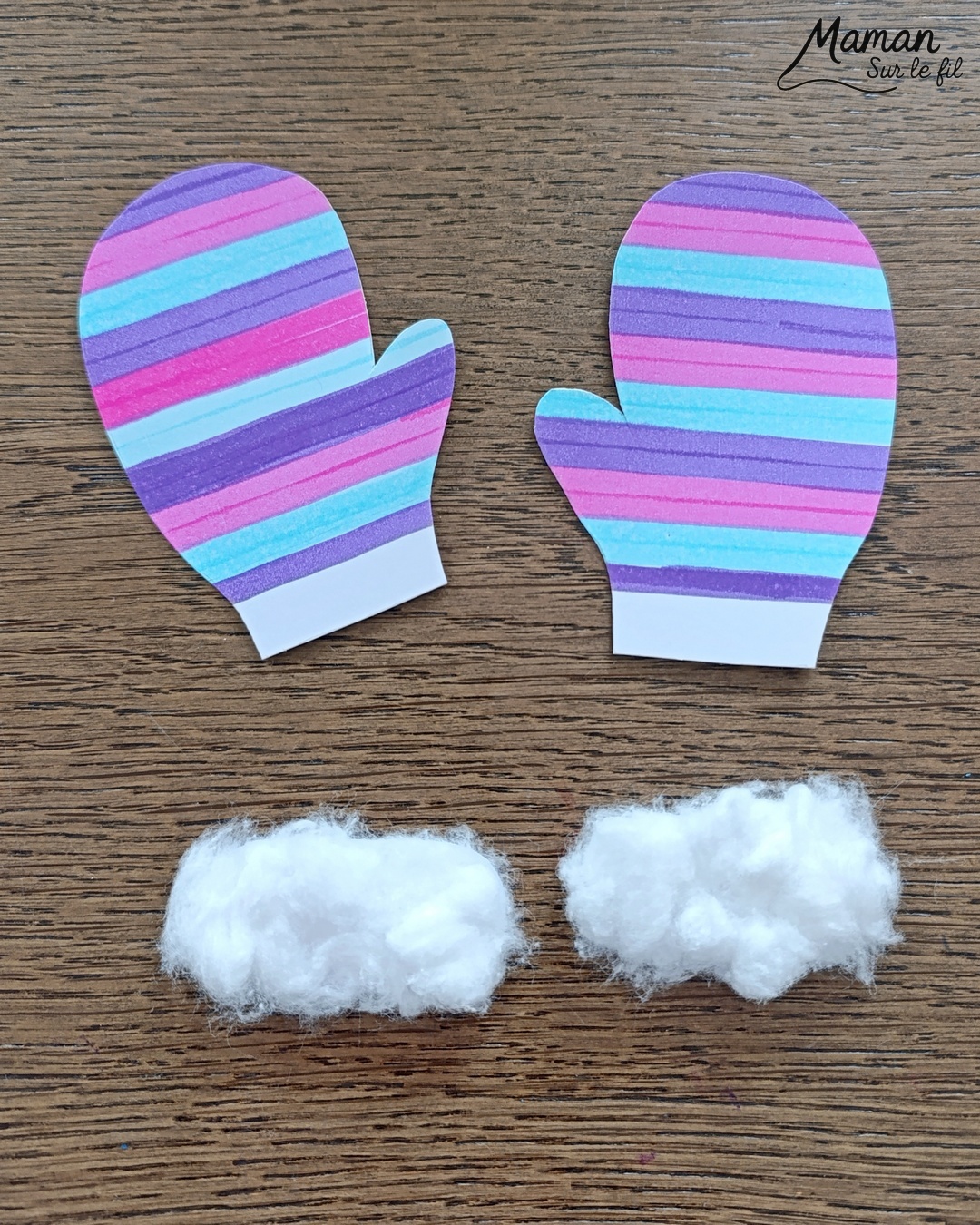 Fabriquer des moufles rayées aux feutres et avec du coton : activité créative et manuelle enfants - Découpage, dessin, graphismes - Tracer des lignes horizontales avec feutres larges style surligneurs - Collage de coton et laine pour relier la paire de moufles - Couleurs Arc-en-ciel ou hivernales - Bricolage et décoration DIY et facile - Bricolage Fait maison, décoration - Thème hiver, froid, neige, montagne, vêtements - Bricolage sympa et facile - Arts visuels Maternelle et cycle 2 - Maternelle et élémentaire - Créativité - Cycle 1 ou 2 - tutoriel photos - mslf
