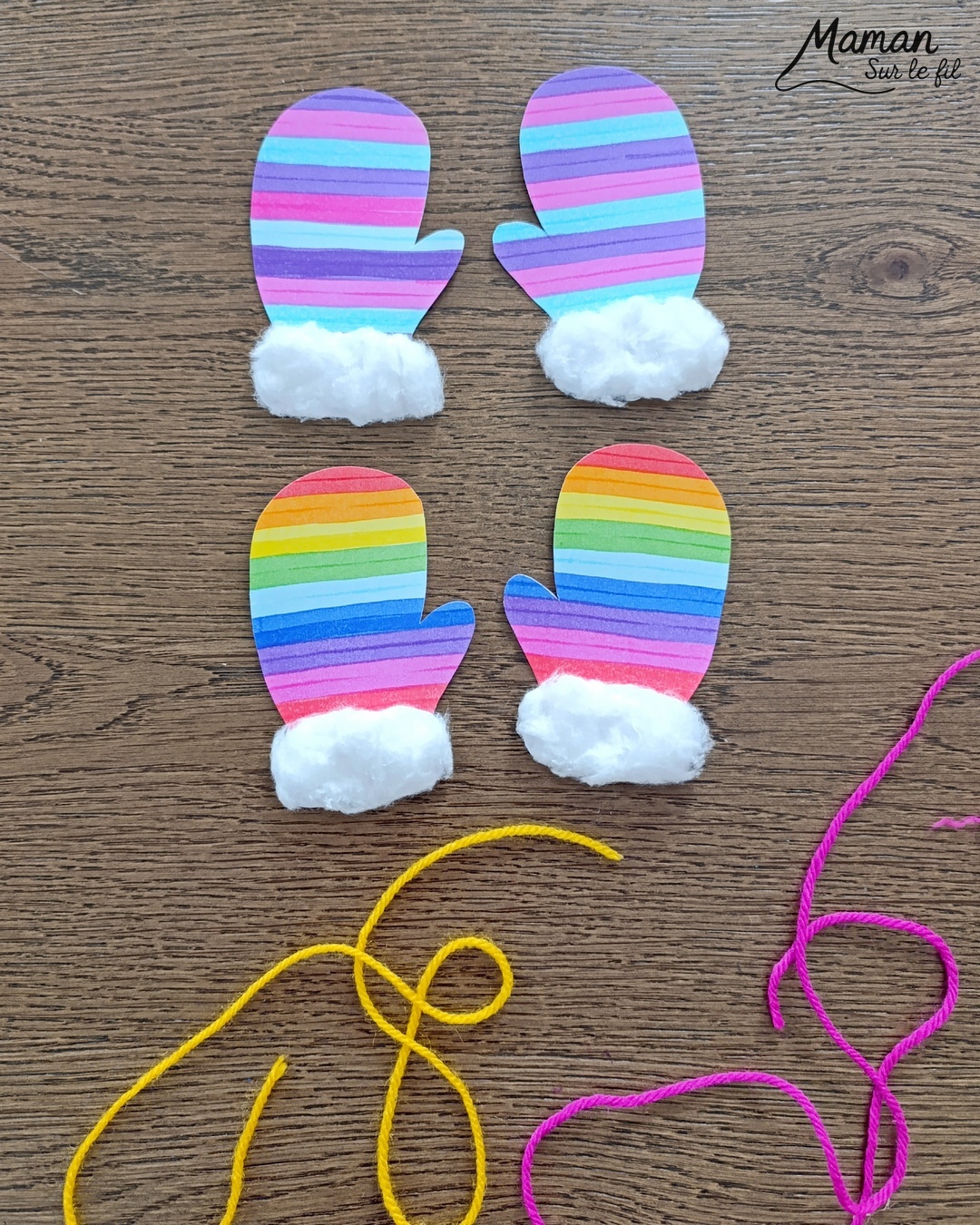 Fabriquer des moufles rayées aux feutres et avec du coton : activité créative et manuelle enfants - Découpage, dessin, graphismes - Tracer des lignes horizontales avec feutres larges style surligneurs - Collage de coton et laine pour relier la paire de moufles - Couleurs Arc-en-ciel ou hivernales - Bricolage et décoration DIY et facile - Bricolage Fait maison, décoration - Thème hiver, froid, neige, montagne, vêtements - Bricolage sympa et facile - Arts visuels Maternelle et cycle 2 - Maternelle et élémentaire - Créativité - Cycle 1 ou 2 - tutoriel photos - mslf