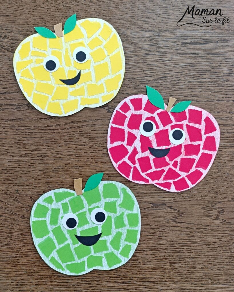 Créer des pommes en mosaïque de papier déchiré : activité créative, papier et manuelle enfants - Découpage des pommes, coloriage aux crayons de couleur - Déchirer du papier - Collage façon mosaïque - Récup' de carton pour la tige - Tête et visage mignon et rigolo - Perforatrice de ronds - Bricolage et décoration DIY et facile - Bricolage Fait maison, décoration - Thème pommes, fruits et légumes, potager, verger, automne - Bricolage sympa et facile - Arts visuels Maternelle et cycle 2 - Maternelle et élémentaire - Créativité - Cycle 1 ou 2 - tutoriel photos - mslf