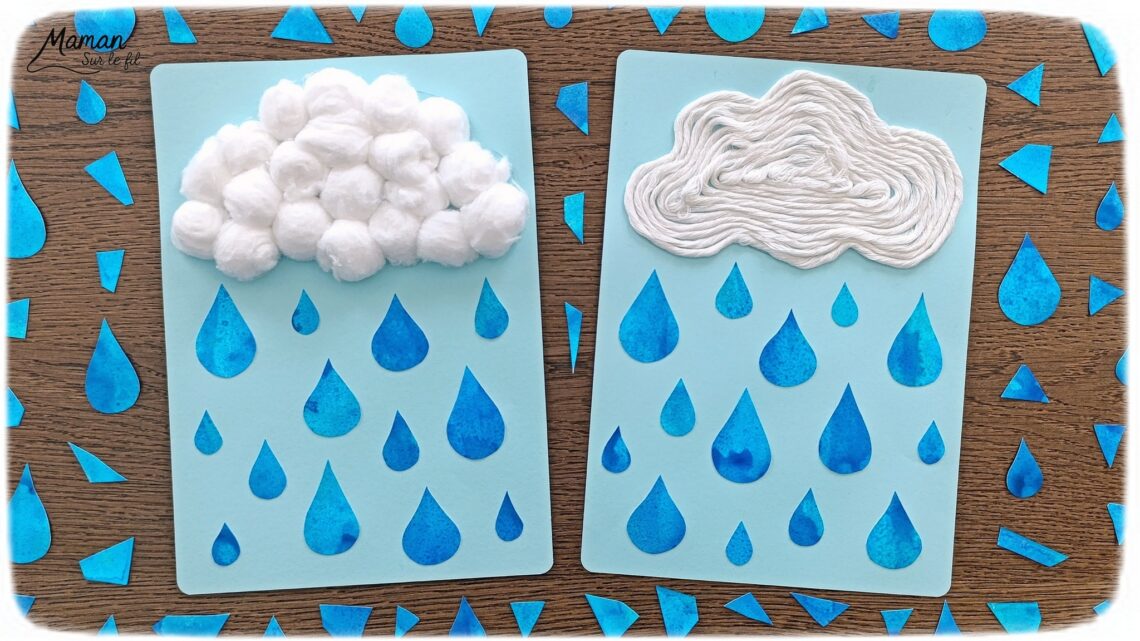 Créer un nuage moelleux en deux façons et sa pluie à l'encre : activité créative, peinture et manuelle enfants - Nuages en collage de laine ou de boules de coton - Pluie à l'encre bleue et peinture en spray - Découpage collage des gouttes de pluie - Bricolage et décoration DIY et facile - Bricolage Fait maison, décoration - Thème Météo, Pluie, Nuage, Ciel, Automne - Bricolage sympa et facile - Arts visuels Maternelle et cycle 2 - Maternelle et élémentaire - Créativité - Cycle 1 ou 2 - tutoriel photos - mslf