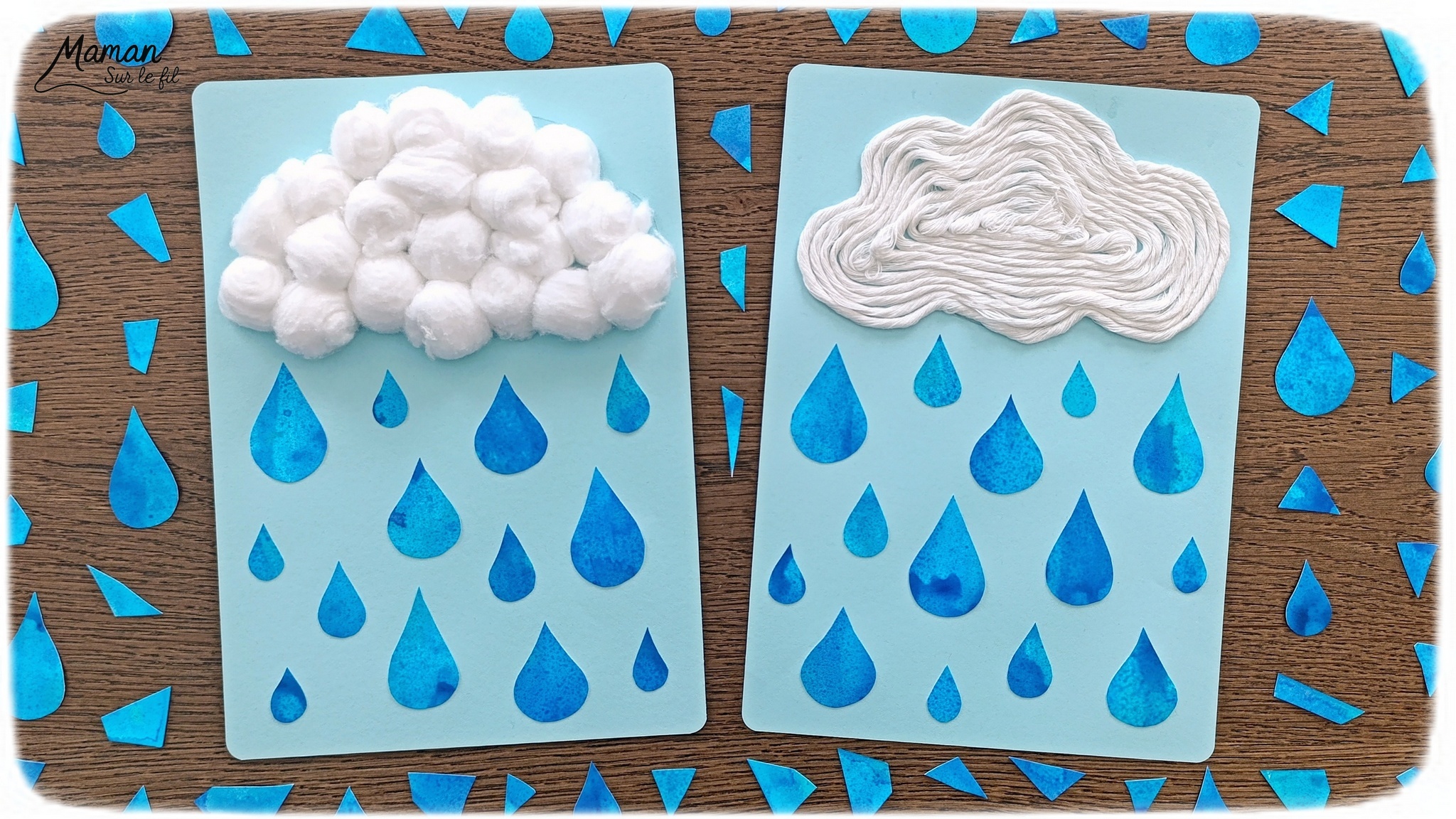 Créer un nuage moelleux en deux façons et sa pluie à l'encre : activité créative, peinture et manuelle enfants - Nuages en collage de laine ou de boules de coton - Pluie à l'encre bleue et peinture en spray - Découpage collage des gouttes de pluie - Bricolage et décoration DIY et facile - Bricolage Fait maison, décoration - Thème Météo, Pluie, Nuage, Ciel, Automne - Bricolage sympa et facile - Arts visuels Maternelle et cycle 2 - Maternelle et élémentaire - Créativité - Cycle 1 ou 2 - tutoriel photos - mslf