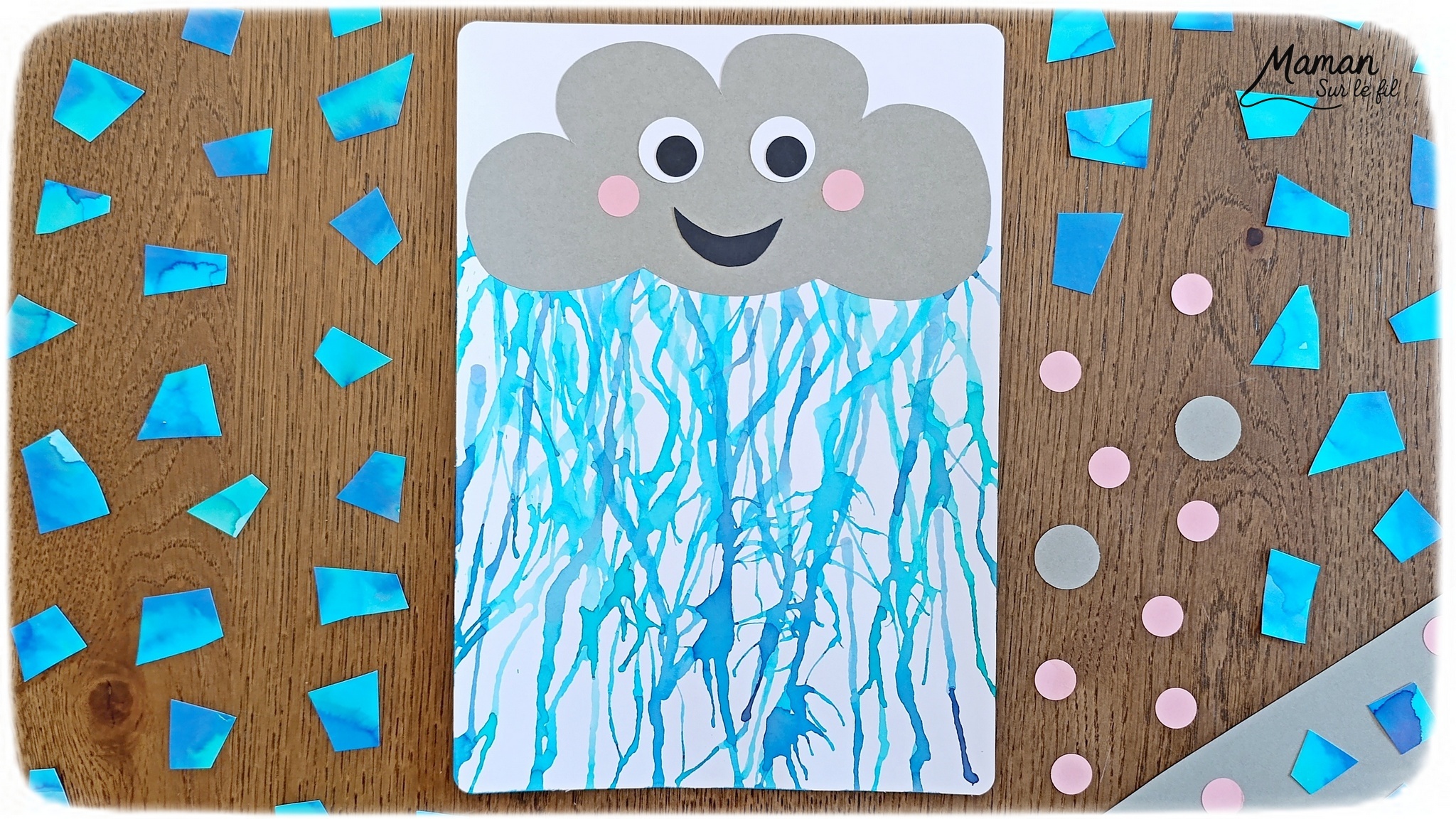 Créer un nuage mignon et sa pluie soufflée à la paille : activité créative, peinture et manuelle enfants - Pluie en encre soufflée à la paille - 3 nuances de bleu, gouttes posées à la pipette - Nuage Kawai en découpage et collage de papier - Perforatrice Ronds - Bricolage et décoration DIY et facile - Bricolage Fait maison, décoration - Thème Météo, Pluie, Nuage, Ciel, Automne - Bricolage sympa et facile - Arts visuels Maternelle et cycle 2 - Maternelle et élémentaire - Créativité - Cycle 1 ou 2 - tutoriel photos et vidéo - mslf