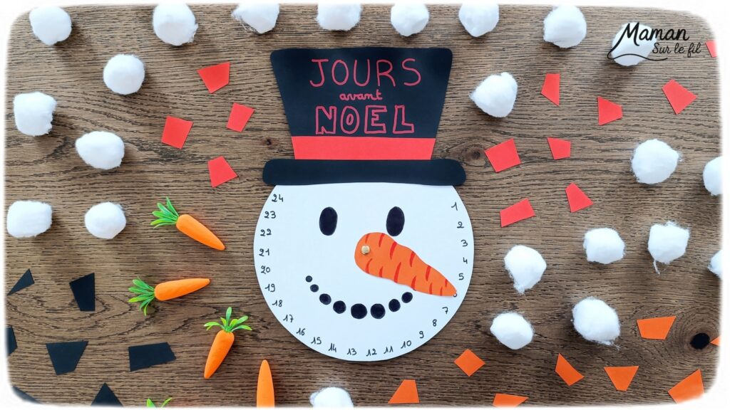 Fabriquer un décompte de l'Avent DIY - Bonhomme de neige : activité créative et manuelle enfants - Nez Carotte qui tourne et permet de décompter les jours pour patienter avant Noël - Calendrier, décompte de l'Avent, de Noël fait maison en papier - Version PDF à télécharger et imprimer gratuitement - Printable gratuit - Bricolage et décoration DIY - Bricolage Fait maison, décoration - Thème Hiver, froid, neige, Noël, Avent - Bricolage sympa et facile - Arts visuels Maternelle et cycle 2 - Maternelle et élémentaire - Créativité - Cycle 1 ou 2 - tutoriel photos et vidéo - mslf