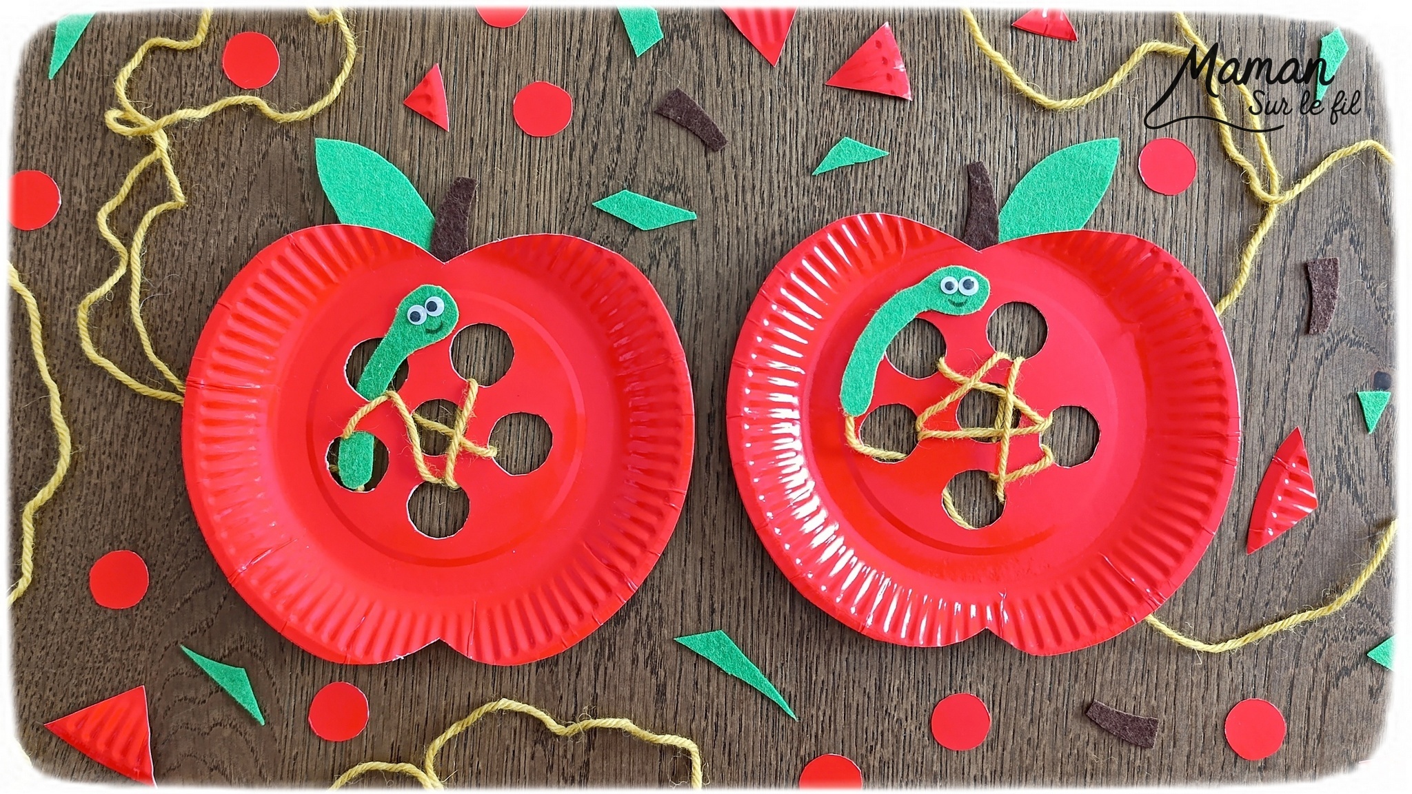 Fabriquer une pomme rouge avec son ver à lacer : activité créative, récup' et manuelle enfants - Pomme avec une assiette en carton et de la feutrine - Découpage des trous au cutter - Ver en feutrine et laine - Lacer le fil ne passer le ver dans les trous - Travail de la motricité fine et de la coordination Oeil - main - Jeu DIY - Bricolage et décoration DIY et facile - Bricolage Fait maison, décoration - Thème pommes, fruits et légumes, potager, verger, automne, insectes et petites bêtes, printemps - Bricolage sympa et facile - Arts visuels Maternelle et cycle 2 - Maternelle et élémentaire - Créativité - Cycle 1 ou 2 - tutoriel photos et vidéo - mslf