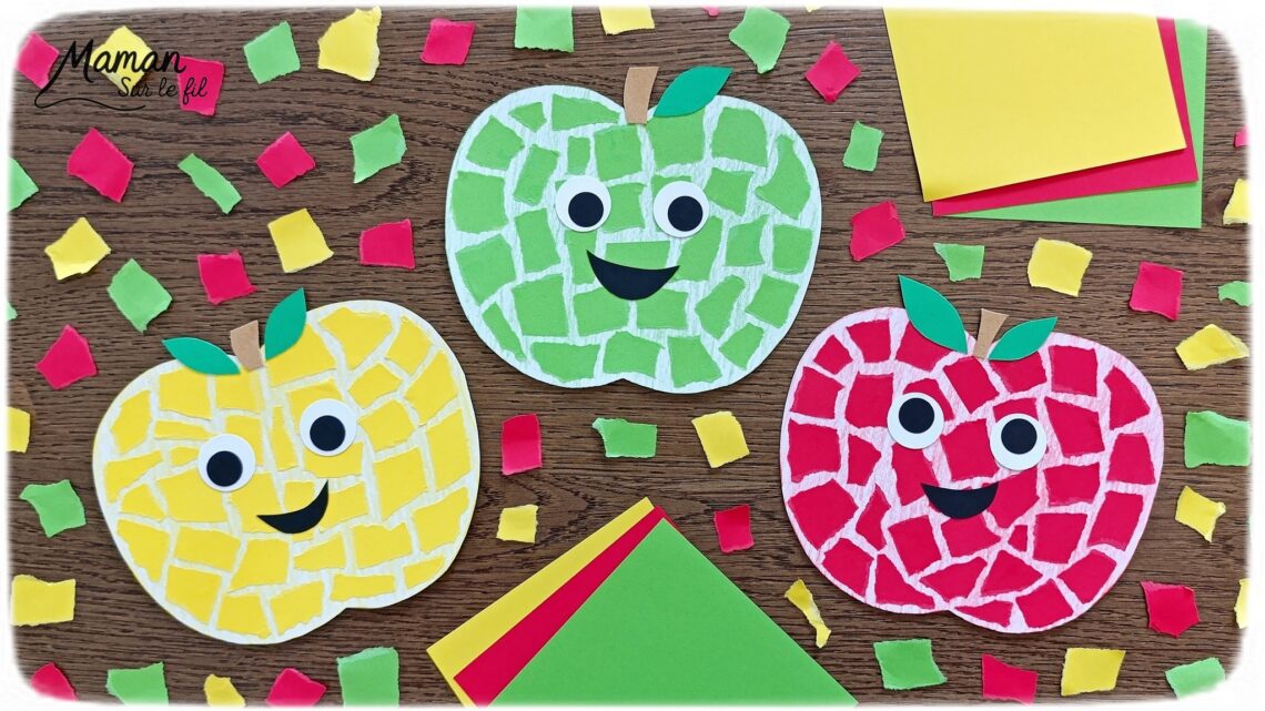 Créer des pommes en mosaïque de papier déchiré : activité créative, papier et manuelle enfants - Découpage des pommes, coloriage aux crayons de couleur - Déchirer du papier - Collage façon mosaïque - Récup' de carton pour la tige - Tête et visage mignon et rigolo - Perforatrice de ronds - Bricolage et décoration DIY et facile - Bricolage Fait maison, décoration - Thème pommes, fruits et légumes, potager, verger, automne - Bricolage sympa et facile - Arts visuels Maternelle et cycle 2 - Maternelle et élémentaire - Créativité - Cycle 1 ou 2 - tutoriel photos - mslf