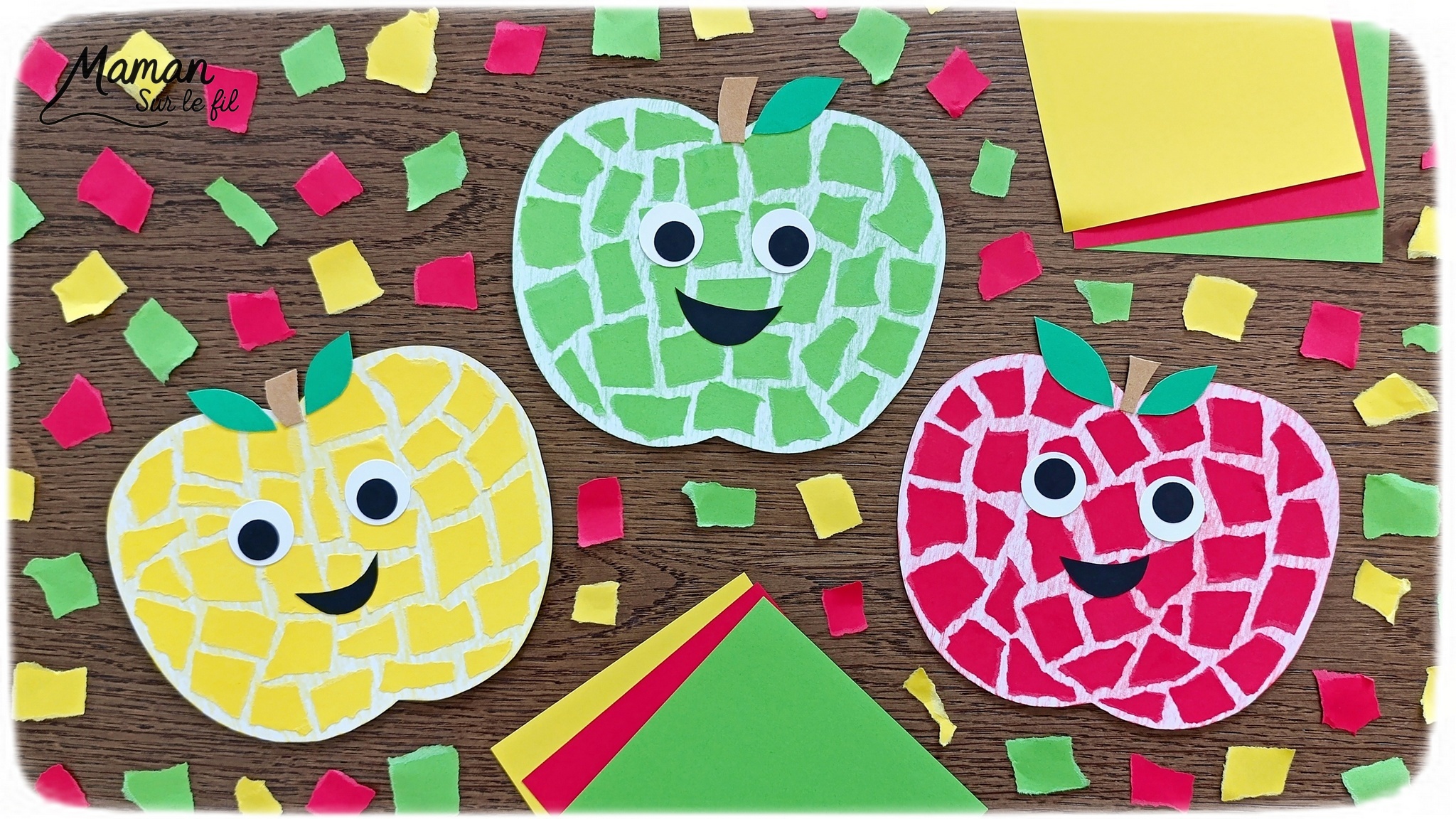 Créer des pommes en mosaïque de papier déchiré : activité créative, papier et manuelle enfants - Découpage des pommes, coloriage aux crayons de couleur - Déchirer du papier - Collage façon mosaïque - Récup' de carton pour la tige - Tête et visage mignon et rigolo - Perforatrice de ronds - Bricolage et décoration DIY et facile - Bricolage Fait maison, décoration - Thème pommes, fruits et légumes, potager, verger, automne - Bricolage sympa et facile - Arts visuels Maternelle et cycle 2 - Maternelle et élémentaire - Créativité - Cycle 1 ou 2 - tutoriel photos - mslf