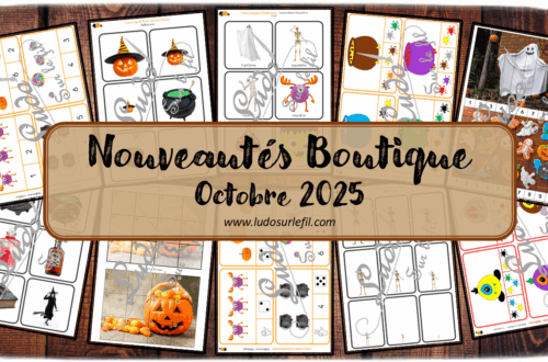 Nouveautés octobre 2025 - Boutique en ligne Ludo sur le fil - fichiers jeux pdf à télécharger et imprimer ou jeux imprimés envoyés à domicile - Thèmes Halloween - cartes type Montessori, cartes classifiées, de nomenclature, tickets de lecture, cartes à pince, dénombrement, couleurs, tri, classement, rangement par taille, puzzles numériques, puzzles Trac, kit thématique, observation, langage oral, vocabulaire - Photos - Association, mise en paire, mathématiques - jeux, activités - prix réduit - atelier autocorrectif multi niveaux donc progressif - Vocabulaire, lexique - Maternelle Cycle 2 - Autonomie - Bonbons, décoration, personnages, traditions... - mslf