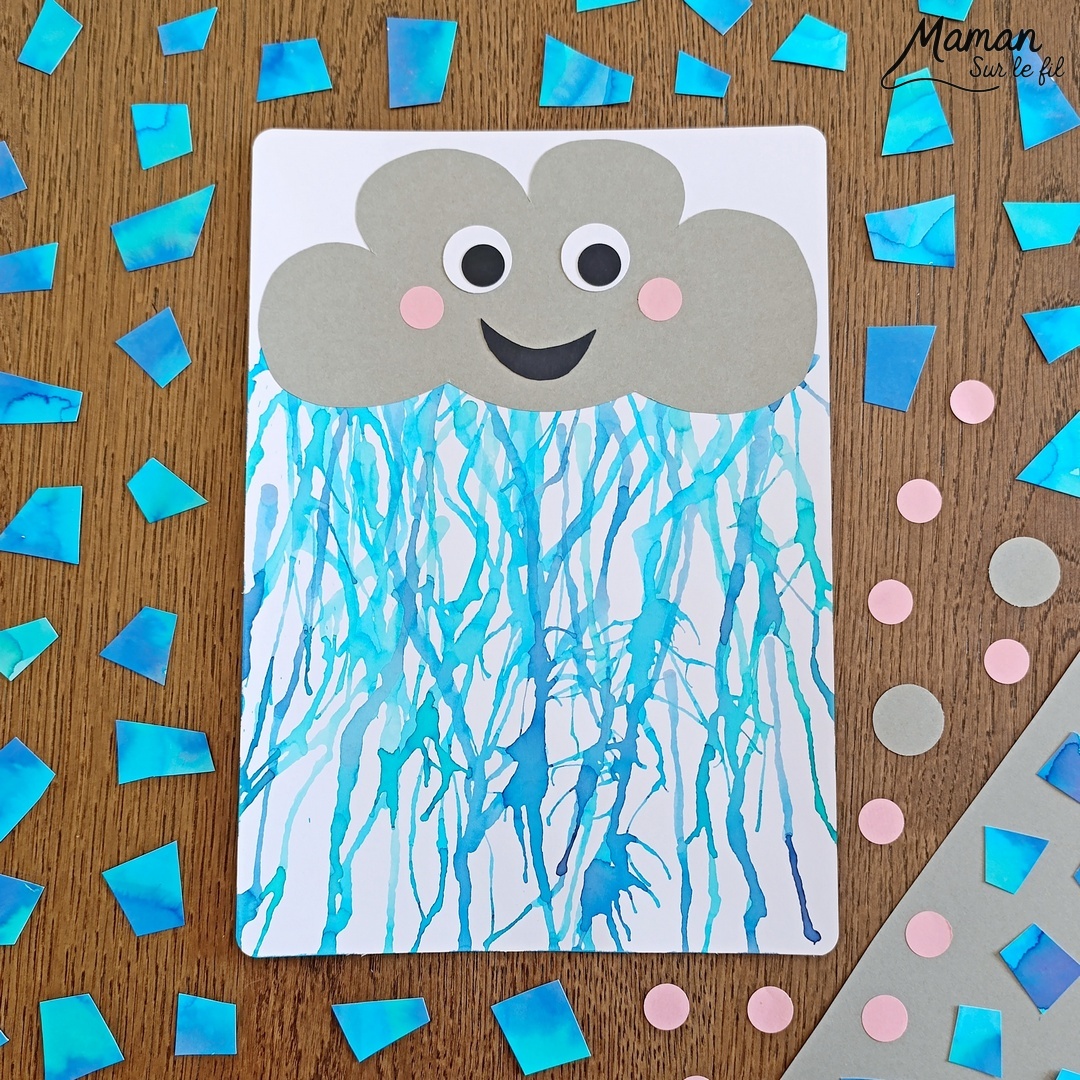 Créer un nuage mignon et sa pluie soufflée à la paille : activité créative, peinture et manuelle enfants - Pluie en encre soufflée à la paille - 3 nuances de bleu, gouttes posées à la pipette - Nuage Kawai en découpage et collage de papier - Perforatrice Ronds - Bricolage et décoration DIY et facile - Bricolage Fait maison, décoration - Thème Météo, Pluie, Nuage, Ciel, Automne - Bricolage sympa et facile - Arts visuels Maternelle et cycle 2 - Maternelle et élémentaire - Créativité - Cycle 1 ou 2 - tutoriel photos et vidéo - mslf