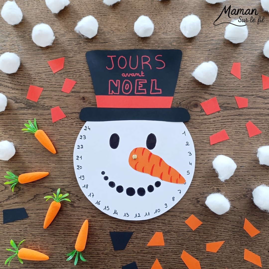 Fabriquer un décompte de l'Avent DIY - Bonhomme de neige : activité créative et manuelle enfants - Nez Carotte qui tourne et permet de décompter les jours pour patienter avant Noël - Calendrier, décompte de l'Avent, de Noël fait maison en papier - Version PDF à télécharger et imprimer gratuitement - Printable gratuit - Bricolage et décoration DIY - Bricolage Fait maison, décoration - Thème Hiver, froid, neige, Noël, Avent - Bricolage sympa et facile - Arts visuels Maternelle et cycle 2 - Maternelle et élémentaire - Créativité - Cycle 1 ou 2 - tutoriel photos et vidéo - mslf