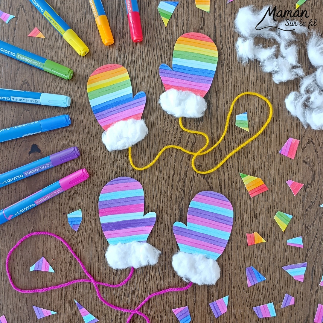 Fabriquer des moufles rayées aux feutres et avec du coton : activité créative et manuelle enfants - Découpage, dessin, graphismes - Tracer des lignes horizontales avec feutres larges style surligneurs - Collage de coton et laine pour relier la paire de moufles - Couleurs Arc-en-ciel ou hivernales - Bricolage et décoration DIY et facile - Bricolage Fait maison, décoration - Thème hiver, froid, neige, montagne, vêtements - Bricolage sympa et facile - Arts visuels Maternelle et cycle 2 - Maternelle et élémentaire - Créativité - Cycle 1 ou 2 - tutoriel photos - mslf