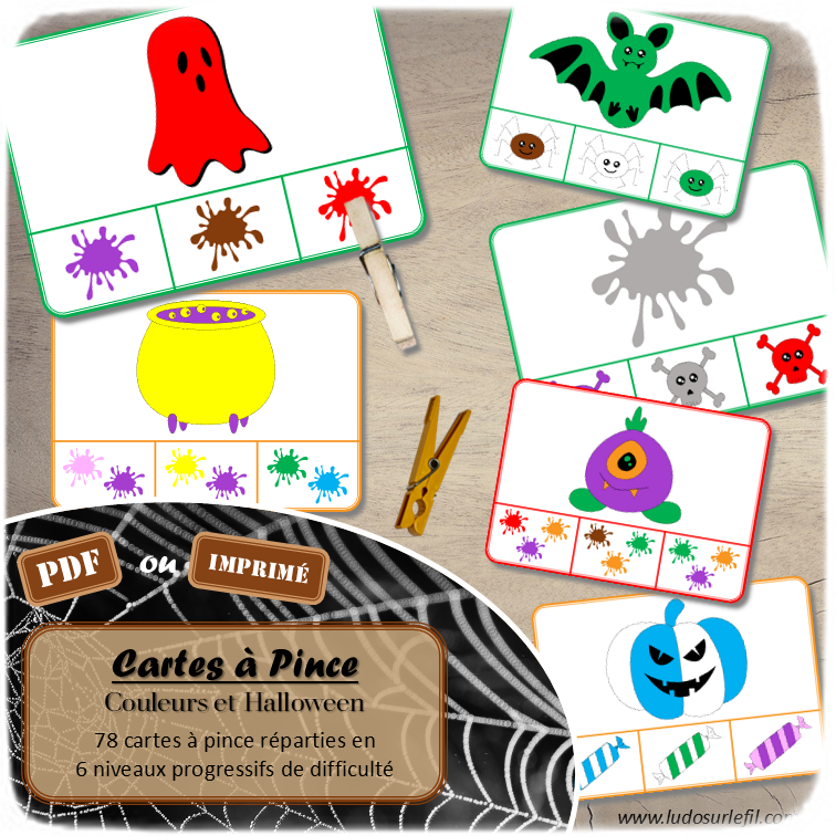 Jeu de cartes à pince sur les couleurs et le thème d'Halloween - Pour un thème sur les personnages et les créatures imaginaires - 78 cartes réparties en 6 niveaux de difficulté - progressif - 1, 2, 3 couleurs - Objets et couleurs ou deux objets différents - Autocorrection au dos - Atelier préscolaire et maternelle autonome - Thème Halloween - Support pédagogique - Document PDF à télécharger et imprimer ou jeu imprimé - Motricité fine et pince Pouce-Index avec pinces à linge - ludique - lslf