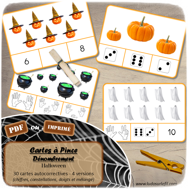 Jeu de cartes à pince de dénombrement de 1 à 15 - Thème Halloween - 30 cartes autocorrectives avec différentes représentations des nombres - constellations du dé, chiffres, doigts de la main, mélangé - compter de 1 à 15 - 120 cartes réparties en 4 niveaux de difficulté - progressif - Autocorrection au dos - Atelier autonome maternelle ou élémentaire - Cycles 1 et 2 - Document PDF à télécharger et imprimer ou jeu imprimé - Motricité fine et pince Pouce-Index avec pinces à linge - ludique - Thème Halloween, décoration, bonbons, citrouilles, peur, fantômes, sorcière, chaudrons... - lslf