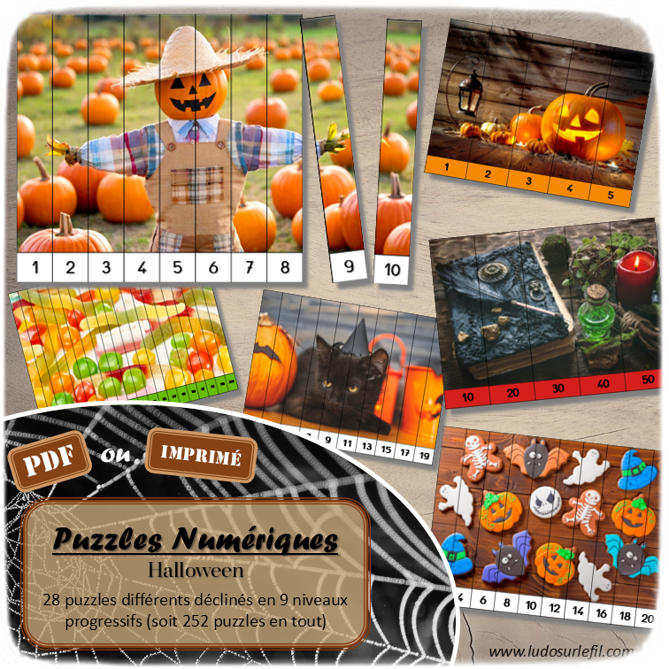 Jeu Puzzles numériques - Halloween - 28 puzzles en 9 niveaux progressifs - Suite numérique de 1 à 20 - Comptage de 2 en 2 - Chiffres pairs et impairs - Comptage de 10 en 10 - Connaissance Chiffres et Dizaines - Mathématiques - Comptine numérique - Personnages, décoration, bonbons, peur - Atelier autonome maternelle et élémentaire - PDF à télécharger et imprimer ou jeu imprimé - cycles 1 ou 2 - lslf