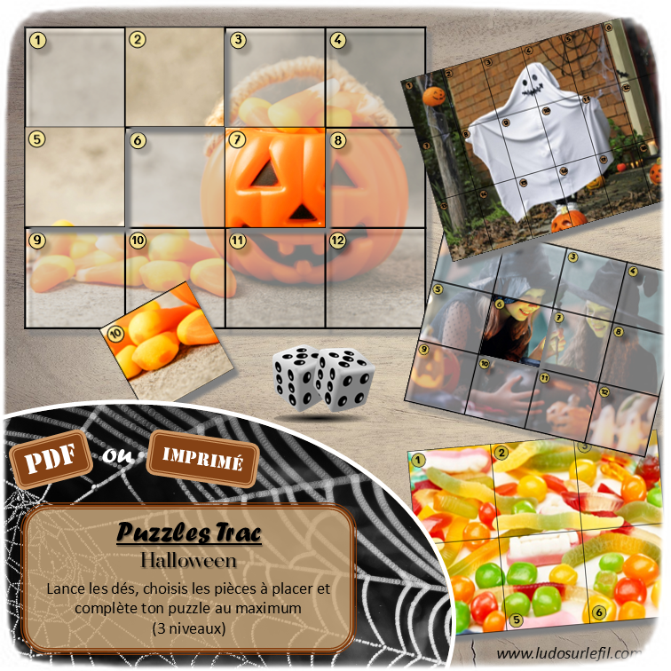 Jeu Puzzles Trac - Halloween - inspiré du célèbre Shut the box - Fermer la boîte - Trac - lance les dés, choisis les pièces et complète ton puzzle au maximum - Mathématiques, constellations, dénombrement, additions, décomposition additive, stratégie, probabilité, différentes représentations nombre - Jeu de société en 3 niveaux progressifs - de 1 à 18 - Atelier maternelle et élémentaire - PDF à télécharger et imprimer ou jeu imprimé - cycles 1 ou 2 - calcul - Peur, personnages, citrouilles, décoration - lslf
