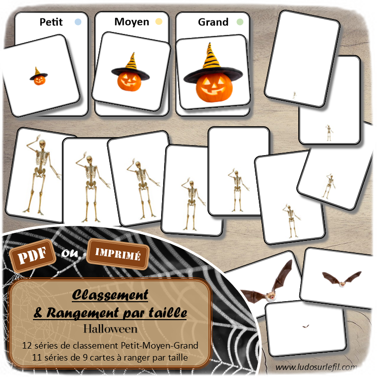 Jeu de classement, de rangement et de tri par taille - Halloween - Cartes à trier, à classer et à ranger - Petit Moyen Grand - Personnages, accessoires, décoration, peur, animaux... - fichier PDF à télécharger et à imprimer ou jeu imprimé - atelier autocorrectif maternelle et pré-scolaire - lslf