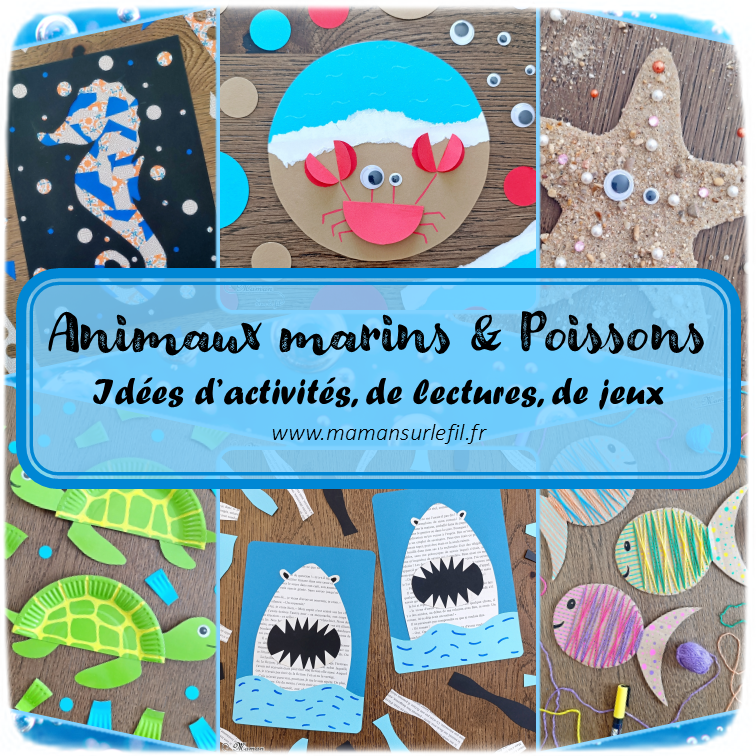 Récapitulatif Animaux marins et poissons : baleines, pieuvres, étoiles de mer, crabes, requins, dauphins, tortues, méduses... - idées activités lectures jeux sur un thème donné - différents types d'activités : sensorielle, créative, récup, peinture... - jeux à imprimer - Graphisme - Bricolages, peinture, dessin DIY - arts visuels et bricolages - littérature jeunesse - jeux de société - récap sur le fil - mslf