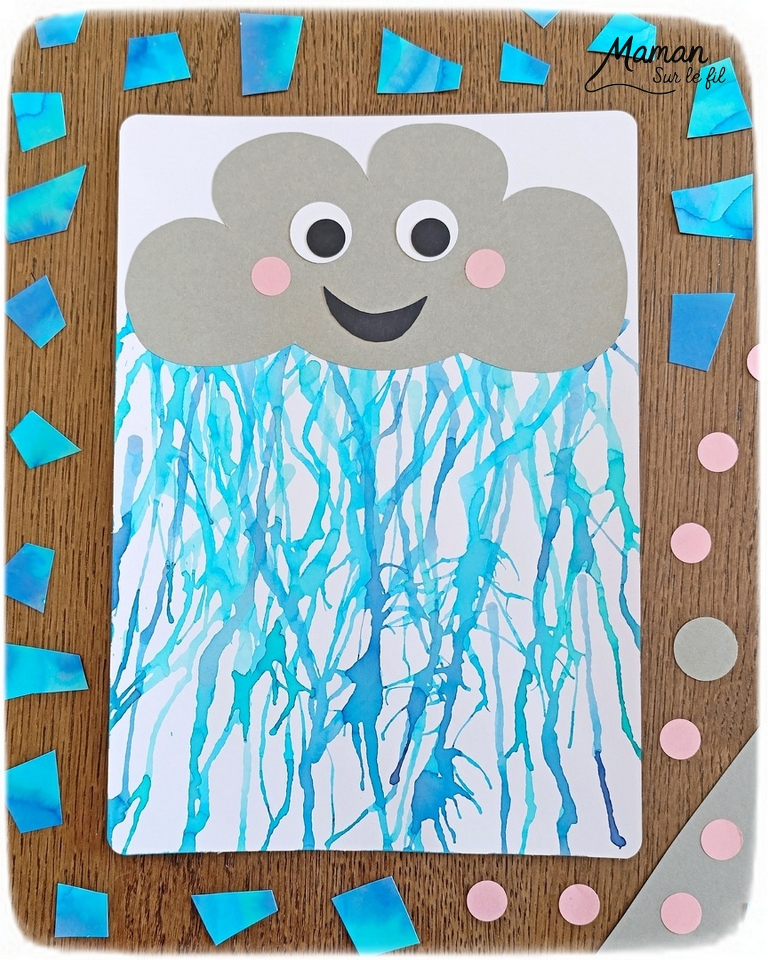 Créer un nuage mignon et sa pluie soufflée à la paille : activité créative, peinture et manuelle enfants - Pluie en encre soufflée à la paille - 3 nuances de bleu, gouttes posées à la pipette - Nuage Kawai en découpage et collage de papier - Perforatrice Ronds - Bricolage et décoration DIY et facile - Bricolage Fait maison, décoration - Thème Météo, Pluie, Nuage, Ciel, Automne - Bricolage sympa et facile - Arts visuels Maternelle et cycle 2 - Maternelle et élémentaire - Créativité - Cycle 1 ou 2 - tutoriel photos et vidéo - mslf