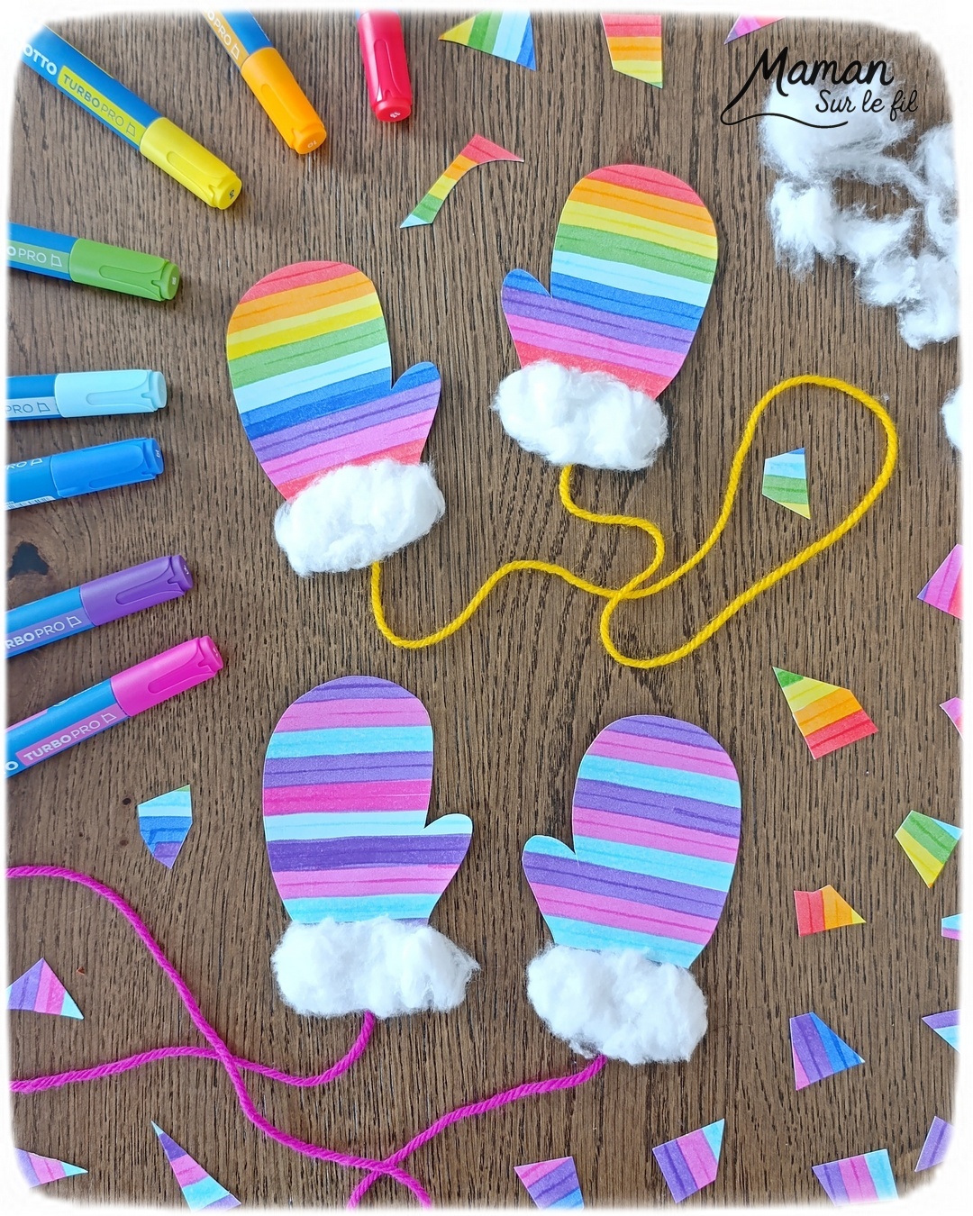 Fabriquer des moufles rayées aux feutres et avec du coton : activité créative et manuelle enfants - Découpage, dessin, graphismes - Tracer des lignes horizontales avec feutres larges style surligneurs - Collage de coton et laine pour relier la paire de moufles - Couleurs Arc-en-ciel ou hivernales - Bricolage et décoration DIY et facile - Bricolage Fait maison, décoration - Thème hiver, froid, neige, montagne, vêtements - Bricolage sympa et facile - Arts visuels Maternelle et cycle 2 - Maternelle et élémentaire - Créativité - Cycle 1 ou 2 - tutoriel photos - mslf