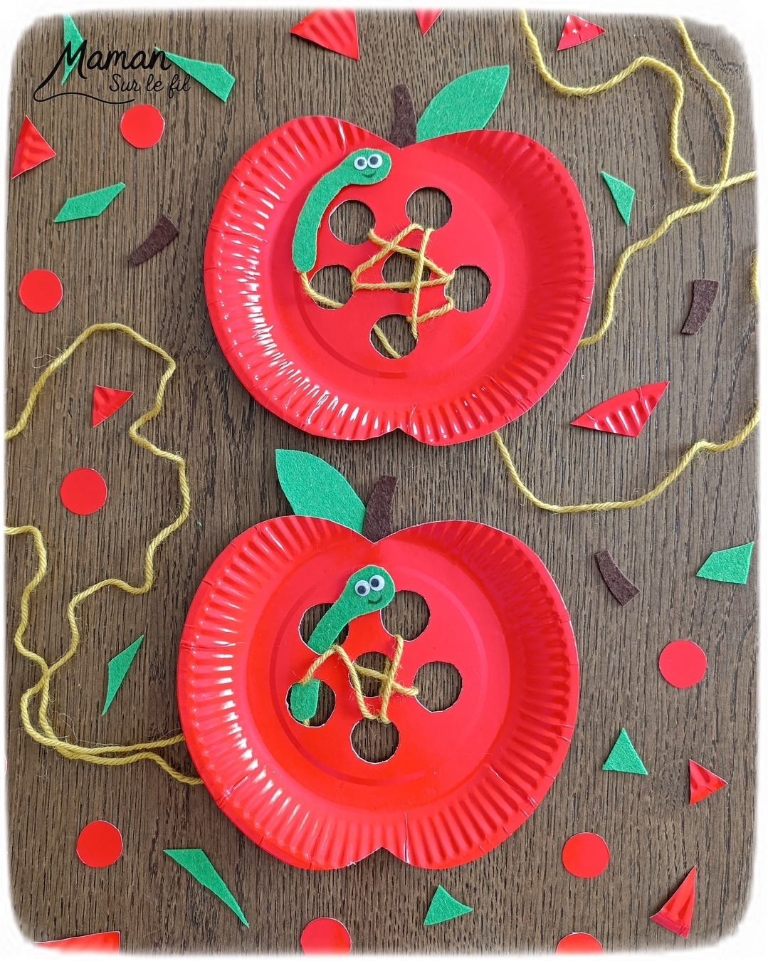 Fabriquer une pomme rouge avec son ver à lacer : activité créative, récup' et manuelle enfants - Pomme avec une assiette en carton et de la feutrine - Découpage des trous au cutter - Ver en feutrine et laine - Lacer le fil ne passer le ver dans les trous - Travail de la motricité fine et de la coordination Oeil - main - Jeu DIY - Bricolage et décoration DIY et facile - Bricolage Fait maison, décoration - Thème pommes, fruits et légumes, potager, verger, automne, insectes et petites bêtes, printemps - Bricolage sympa et facile - Arts visuels Maternelle et cycle 2 - Maternelle et élémentaire - Créativité - Cycle 1 ou 2 - tutoriel photos et vidéo - mslf