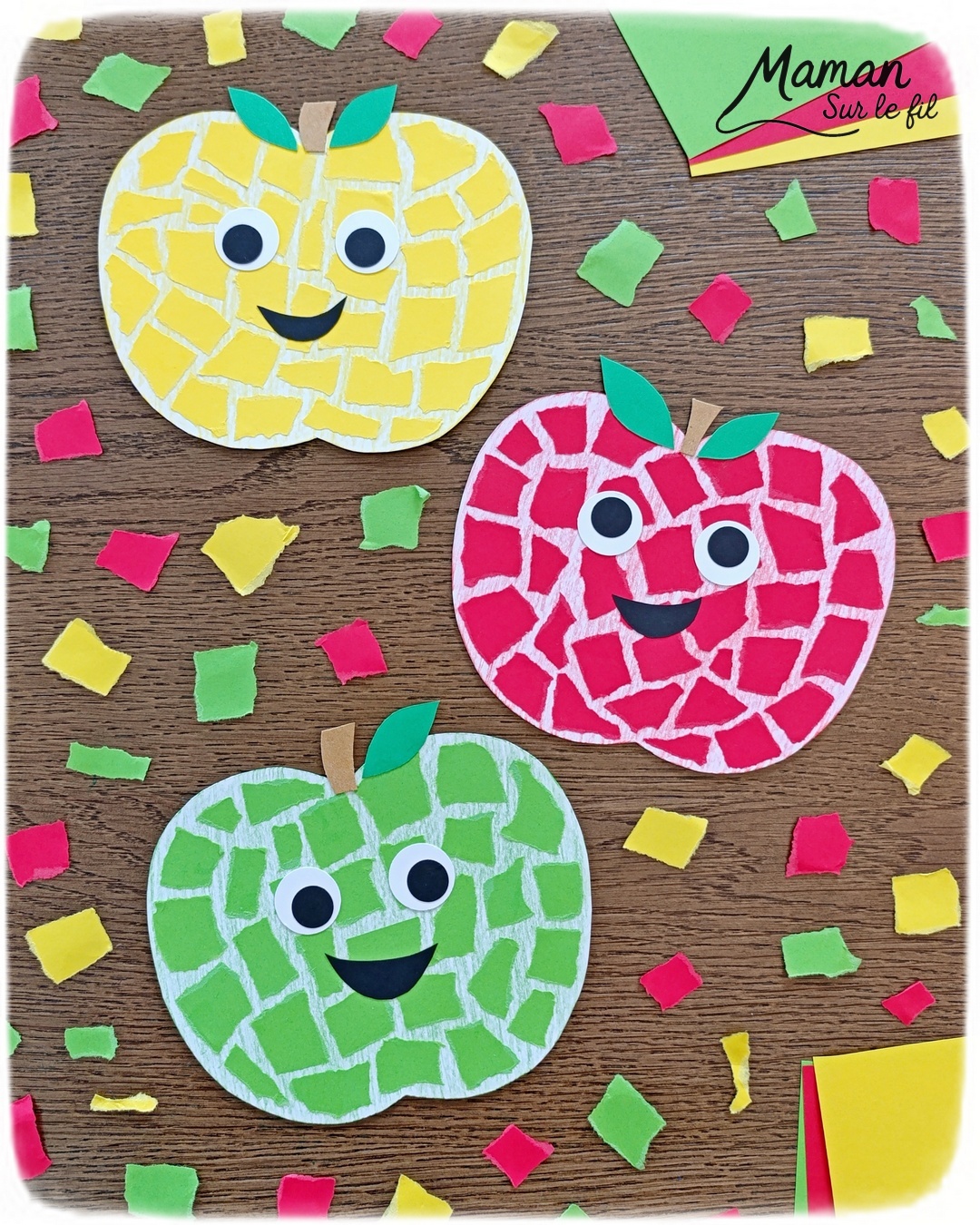 Créer des pommes en mosaïque de papier déchiré : activité créative, papier et manuelle enfants - Découpage des pommes, coloriage aux crayons de couleur - Déchirer du papier - Collage façon mosaïque - Récup' de carton pour la tige - Tête et visage mignon et rigolo - Perforatrice de ronds - Bricolage et décoration DIY et facile - Bricolage Fait maison, décoration - Thème pommes, fruits et légumes, potager, verger, automne - Bricolage sympa et facile - Arts visuels Maternelle et cycle 2 - Maternelle et élémentaire - Créativité - Cycle 1 ou 2 - tutoriel photos - mslf
