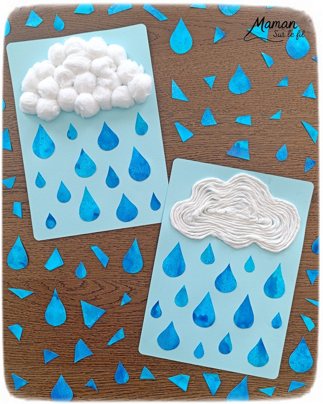 Créer un nuage moelleux en deux façons et sa pluie à l'encre : activité créative, peinture et manuelle enfants - Nuages en collage de laine ou de boules de coton - Pluie à l'encre bleue et peinture en spray - Découpage collage des gouttes de pluie - Bricolage et décoration DIY et facile - Bricolage Fait maison, décoration - Thème Météo, Pluie, Nuage, Ciel, Automne - Bricolage sympa et facile - Arts visuels Maternelle et cycle 2 - Maternelle et élémentaire - Créativité - Cycle 1 ou 2 - tutoriel photos - mslf