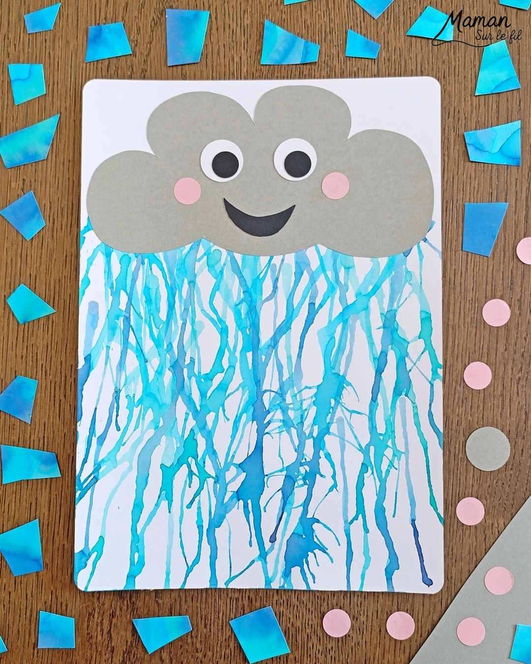 Créer un nuage mignon et sa pluie soufflée à la paille : activité créative, peinture et manuelle enfants - Pluie en encre soufflée à la paille - 3 nuances de bleu, gouttes posées à la pipette - Nuage Kawai en découpage et collage de papier - Perforatrice Ronds - Bricolage et décoration DIY et facile - Bricolage Fait maison, décoration - Thème Météo, Pluie, Nuage, Ciel, Automne - Bricolage sympa et facile - Arts visuels Maternelle et cycle 2 - Maternelle et élémentaire - Créativité - Cycle 1 ou 2 - tutoriel photos et vidéo - mslf