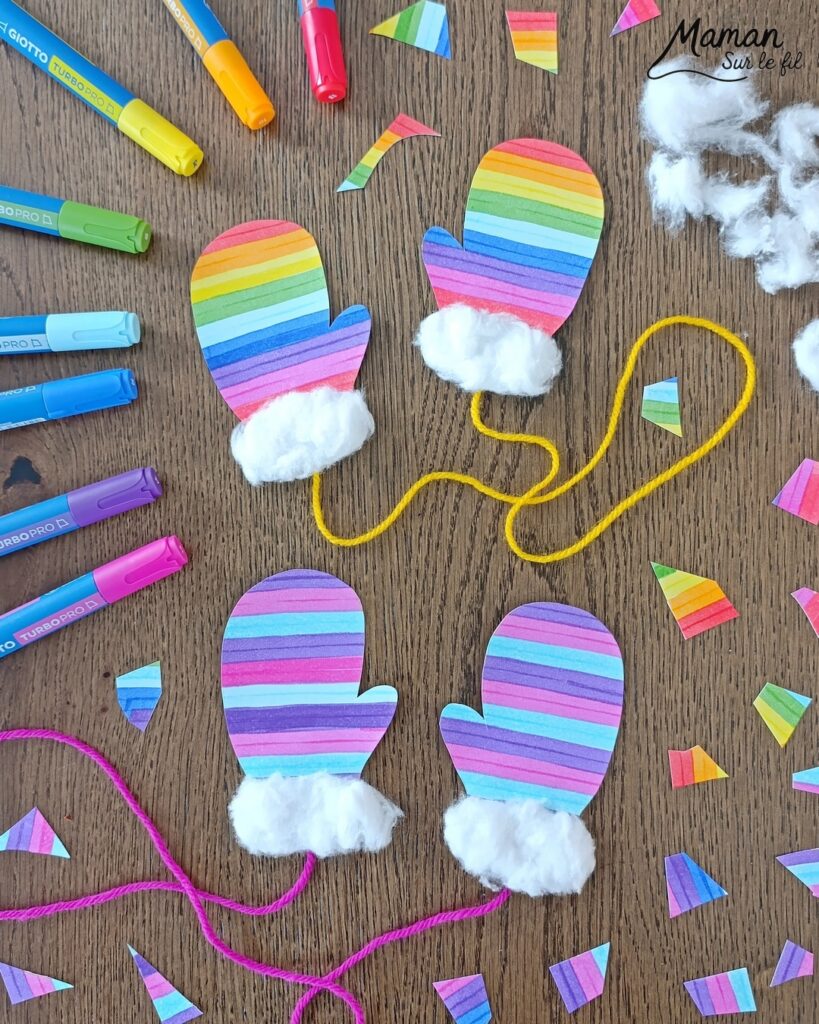 Fabriquer des moufles rayées aux feutres et avec du coton : activité créative et manuelle enfants - Découpage, dessin, graphismes - Tracer des lignes horizontales avec feutres larges style surligneurs - Collage de coton et laine pour relier la paire de moufles - Couleurs Arc-en-ciel ou hivernales - Bricolage et décoration DIY et facile - Bricolage Fait maison, décoration - Thème hiver, froid, neige, montagne, vêtements - Bricolage sympa et facile - Arts visuels Maternelle et cycle 2 - Maternelle et élémentaire - Créativité - Cycle 1 ou 2 - tutoriel photos - mslf