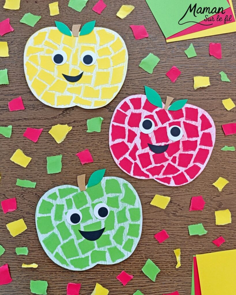 Créer des pommes en mosaïque de papier déchiré : activité créative, papier et manuelle enfants - Découpage des pommes, coloriage aux crayons de couleur - Déchirer du papier - Collage façon mosaïque - Récup' de carton pour la tige - Tête et visage mignon et rigolo - Perforatrice de ronds - Bricolage et décoration DIY et facile - Bricolage Fait maison, décoration - Thème pommes, fruits et légumes, potager, verger, automne - Bricolage sympa et facile - Arts visuels Maternelle et cycle 2 - Maternelle et élémentaire - Créativité - Cycle 1 ou 2 - tutoriel photos - mslf