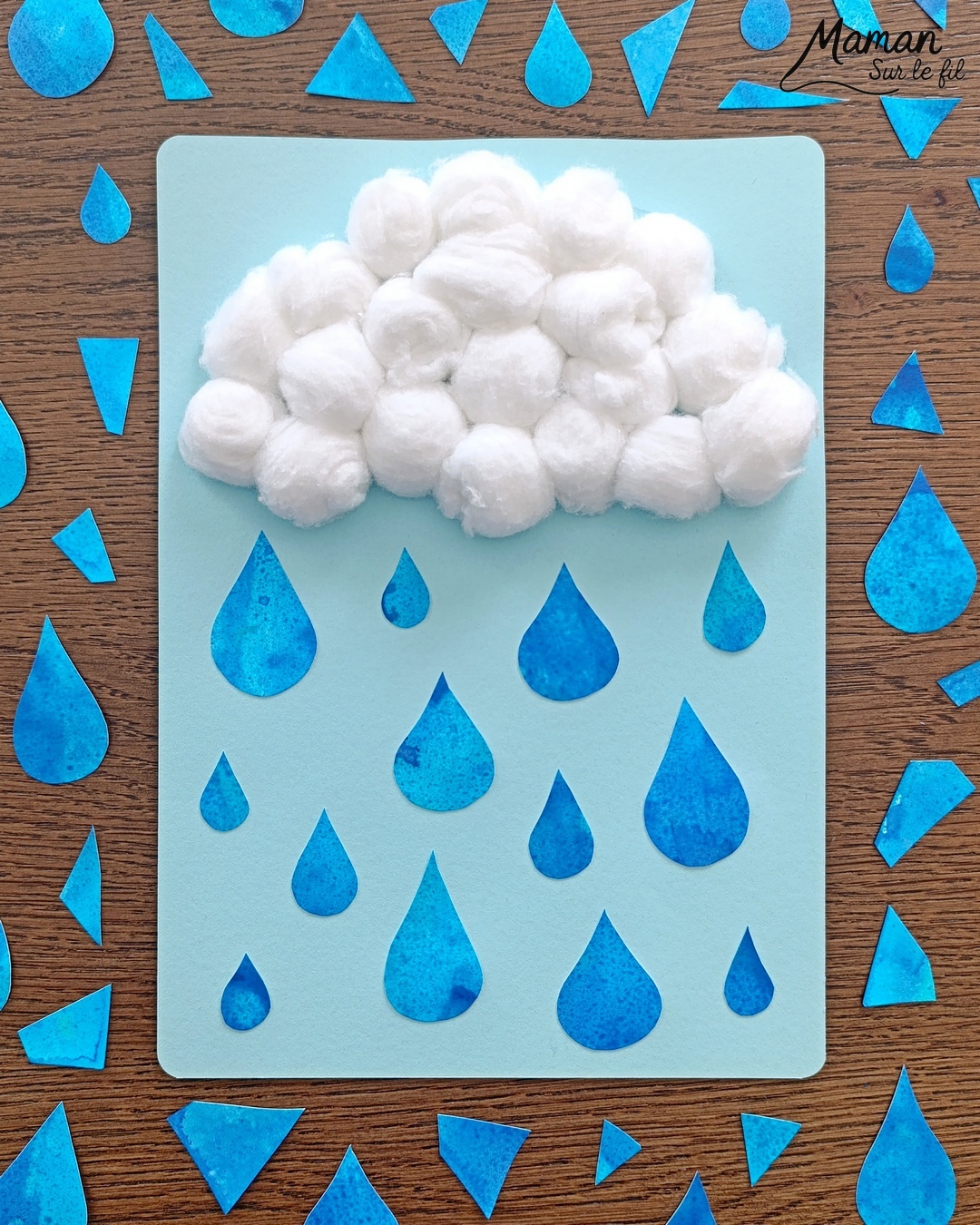 Créer un nuage moelleux en deux façons et sa pluie à l'encre : activité créative, peinture et manuelle enfants - Nuages en collage de laine ou de boules de coton - Pluie à l'encre bleue et peinture en spray - Découpage collage des gouttes de pluie - Bricolage et décoration DIY et facile - Bricolage Fait maison, décoration - Thème Météo, Pluie, Nuage, Ciel, Automne - Bricolage sympa et facile - Arts visuels Maternelle et cycle 2 - Maternelle et élémentaire - Créativité - Cycle 1 ou 2 - tutoriel photos - mslf