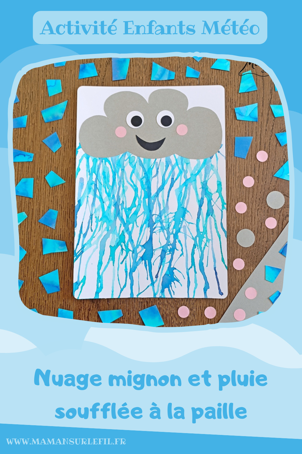 Créer un nuage mignon et sa pluie soufflée à la paille : activité créative, peinture et manuelle enfants - Pluie en encre soufflée à la paille - 3 nuances de bleu, gouttes posées à la pipette - Nuage Kawai en découpage et collage de papier - Perforatrice Ronds - Bricolage et décoration DIY et facile - Bricolage Fait maison, décoration - Thème Météo, Pluie, Nuage, Ciel, Automne - Bricolage sympa et facile - Arts visuels Maternelle et cycle 2 - Maternelle et élémentaire - Créativité - Cycle 1 ou 2 - tutoriel photos et vidéo - mslf
