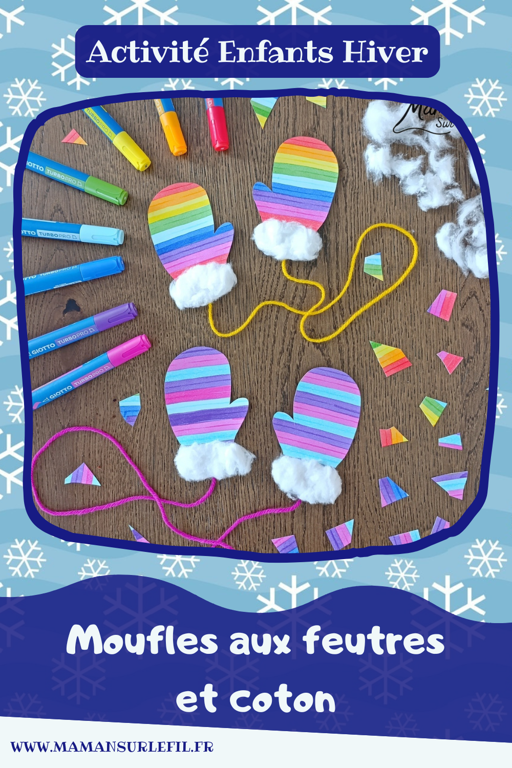 Fabriquer des moufles rayées aux feutres et avec du coton : activité créative et manuelle enfants - Découpage, dessin, graphismes - Tracer des lignes horizontales avec feutres larges style surligneurs - Collage de coton et laine pour relier la paire de moufles - Couleurs Arc-en-ciel ou hivernales - Bricolage et décoration DIY et facile - Bricolage Fait maison, décoration - Thème hiver, froid, neige, montagne, vêtements - Bricolage sympa et facile - Arts visuels Maternelle et cycle 2 - Maternelle et élémentaire - Créativité - Cycle 1 ou 2 - tutoriel photos - mslf