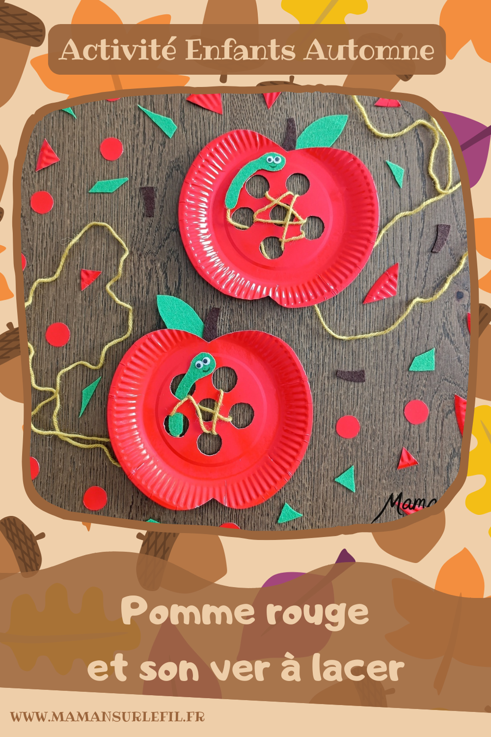 Fabriquer une pomme rouge avec son ver à lacer : activité créative, récup' et manuelle enfants - Pomme avec une assiette en carton et de la feutrine - Découpage des trous au cutter - Ver en feutrine et laine - Lacer le fil ne passer le ver dans les trous - Travail de la motricité fine et de la coordination Oeil - main - Jeu DIY - Bricolage et décoration DIY et facile - Bricolage Fait maison, décoration - Thème pommes, fruits et légumes, potager, verger, automne, insectes et petites bêtes, printemps - Bricolage sympa et facile - Arts visuels Maternelle et cycle 2 - Maternelle et élémentaire - Créativité - Cycle 1 ou 2 - tutoriel photos et vidéo - mslf