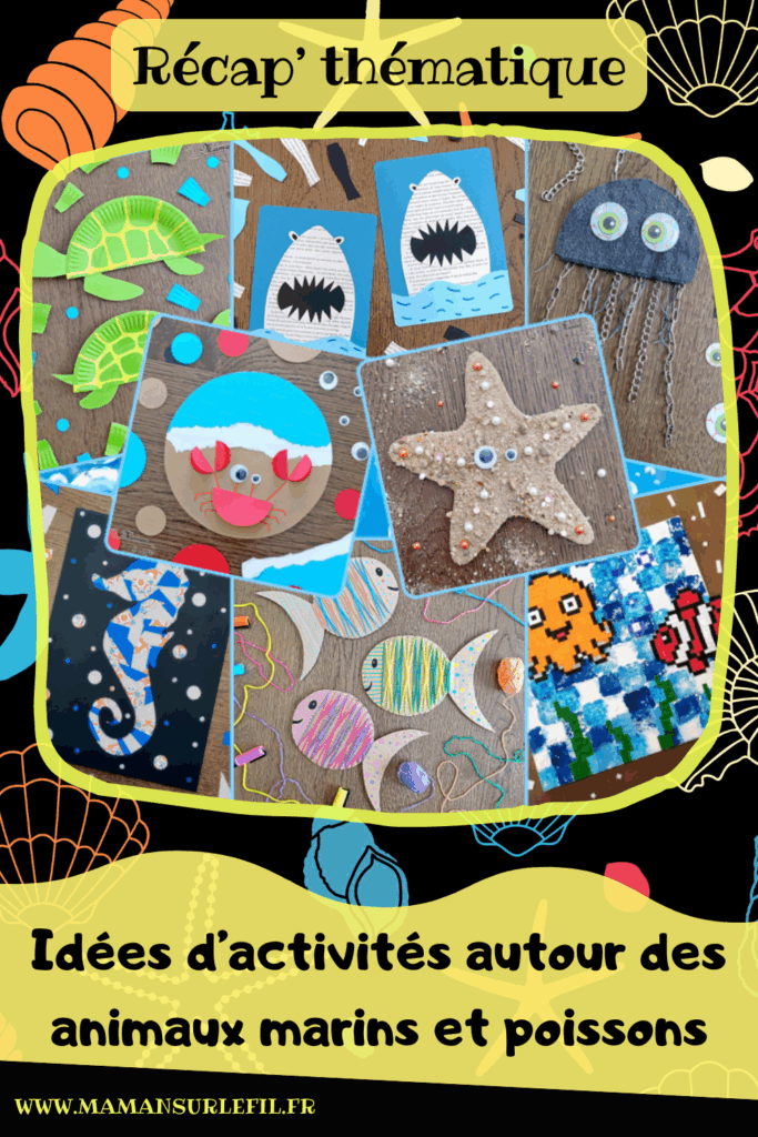 Récapitulatif Animaux marins et poissons : baleines, pieuvres, étoiles de mer, crabes, requins, dauphins, tortues, méduses... - idées activités lectures jeux sur un thème donné - différents types d'activités : sensorielle, créative, récup, peinture... - jeux à imprimer - Graphisme - Bricolages, peinture, dessin DIY - arts visuels et bricolages - littérature jeunesse - jeux de société - récap sur le fil - mslf